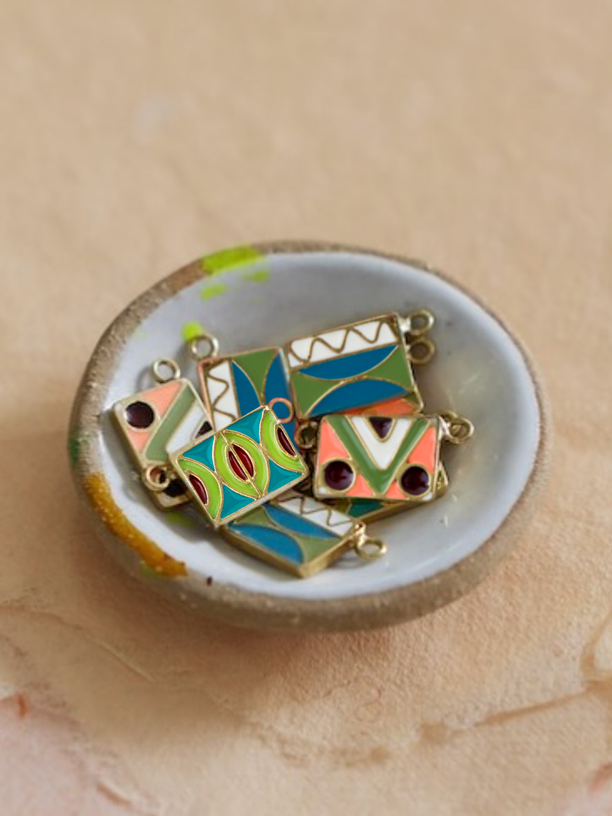 18K Vintage Enamel Tiles on Chain (Website Exclusive) in dish by Elaine Chong Designs