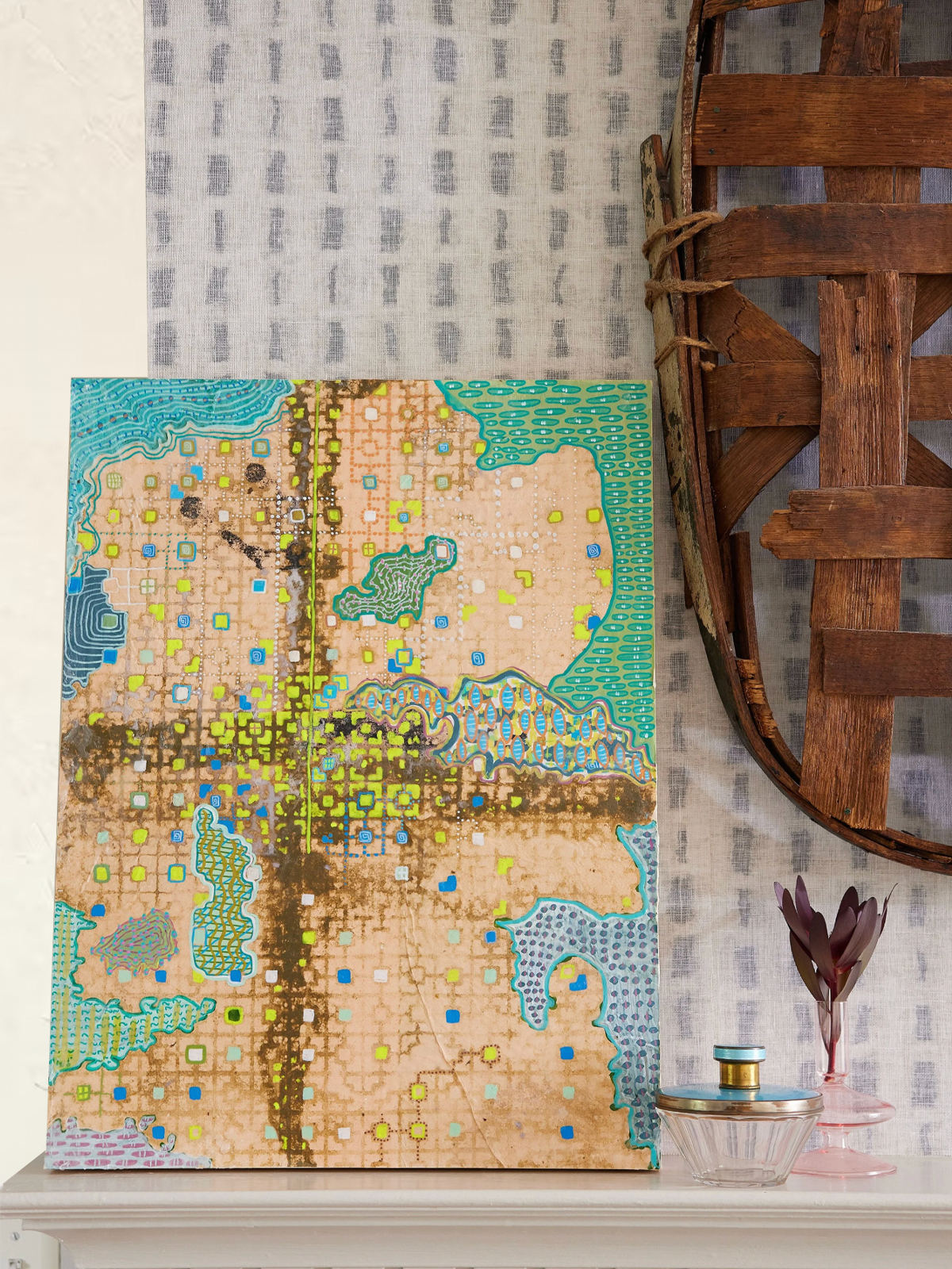 In the Medina, 2023, Handmade paper, acrylic and wax on board by Elaine Chong on mantle