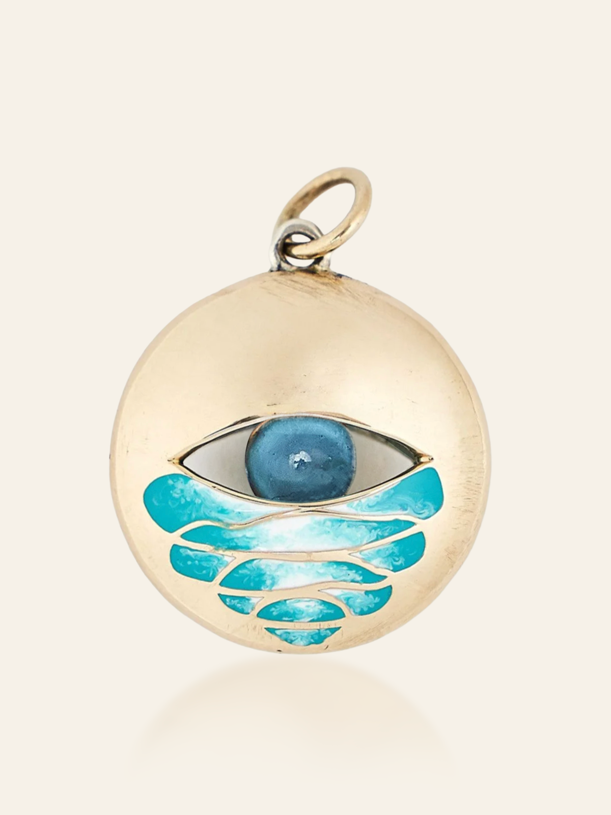 14K Gold Enamel Eye Pendant with Swirl Design and Moving Gemstone