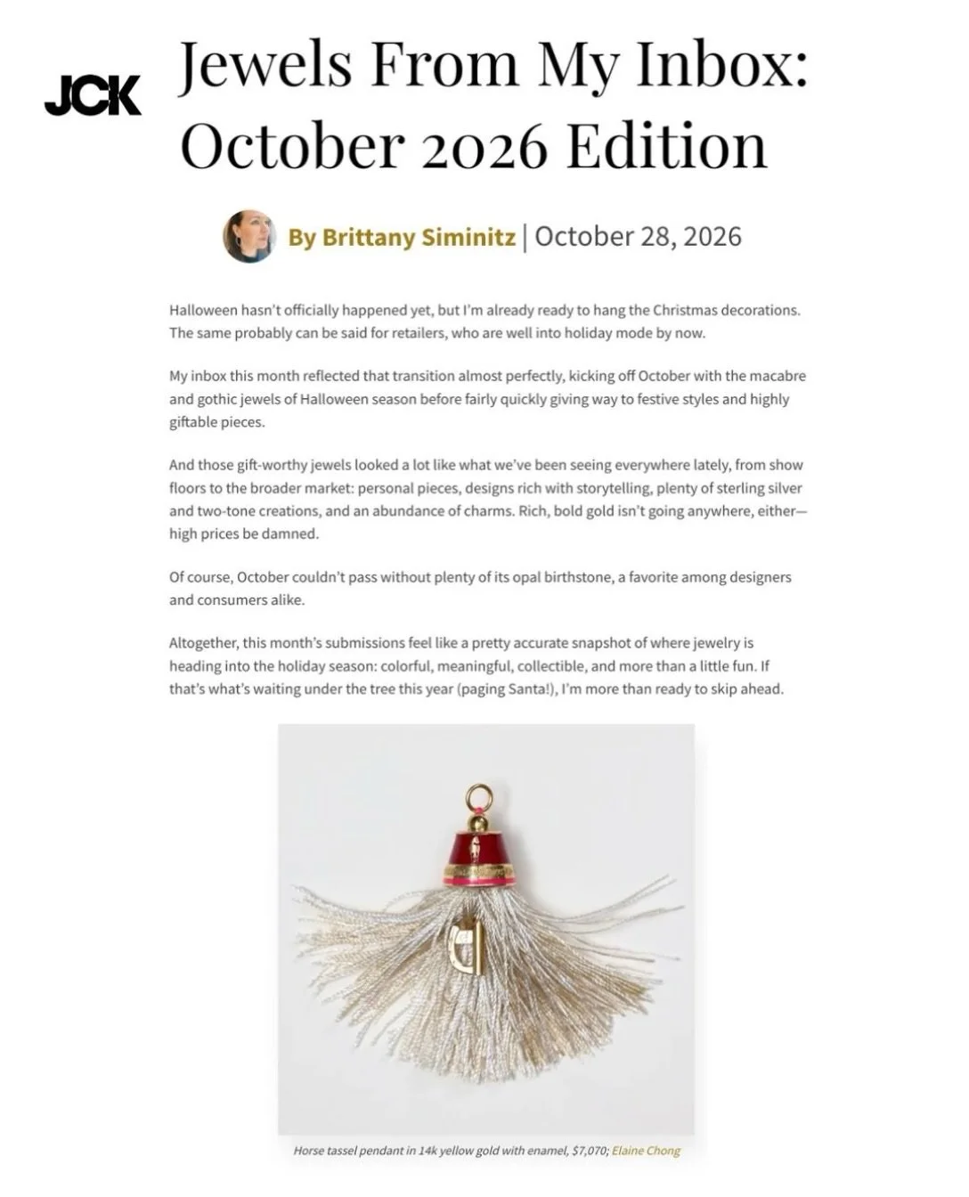 Thrilled to be included in @jckmagazine Jewels from My Inbox!
There&rsquo;s no better way to start the holiday season than alongside so many wonderful jewelers. Thank you @bsiminitz for including me, and I couldn&rsquo;t agree more: the holidays are 