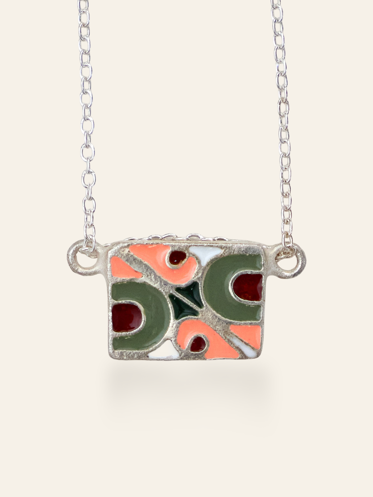 Sterling Silver Vintage Enamel Tiles on Chain in peach, red, army green, white by Elaine Chong Designs
