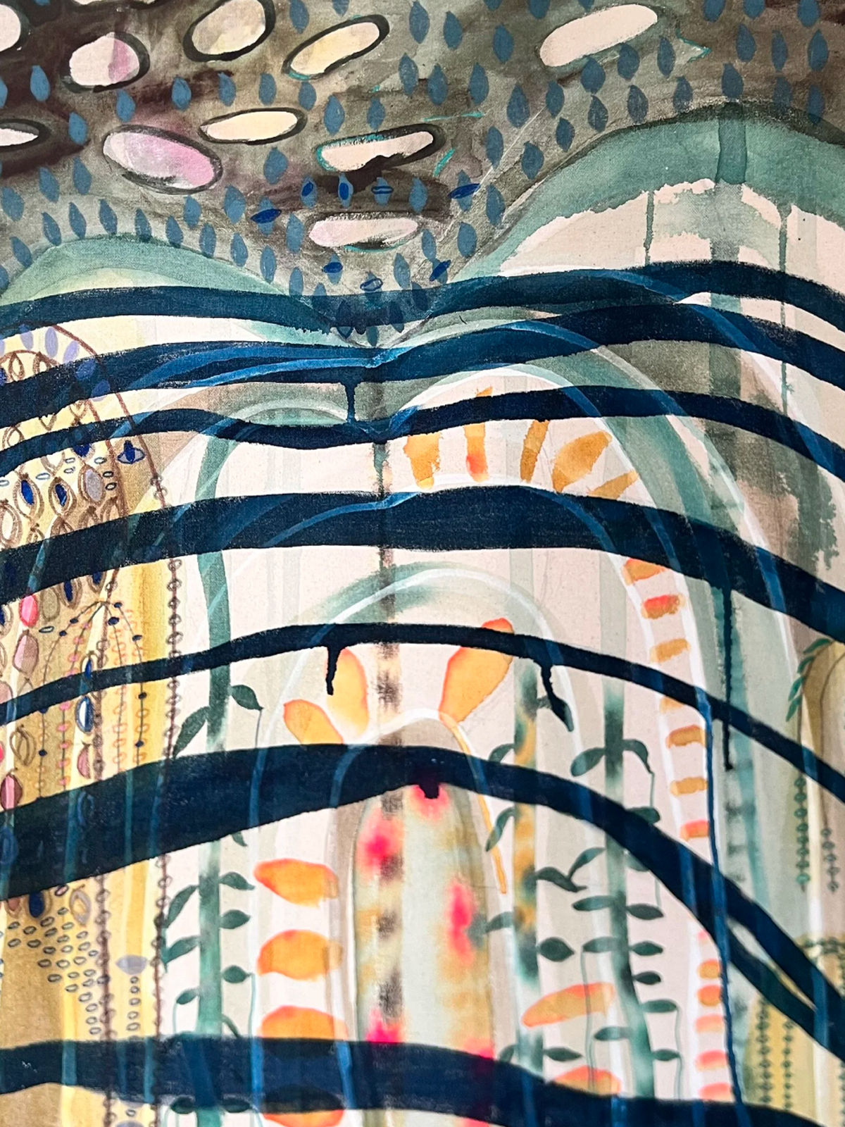 Detail of Secret Island, 2024, Acrylic & oil on raw canvas, by Elaine Chong