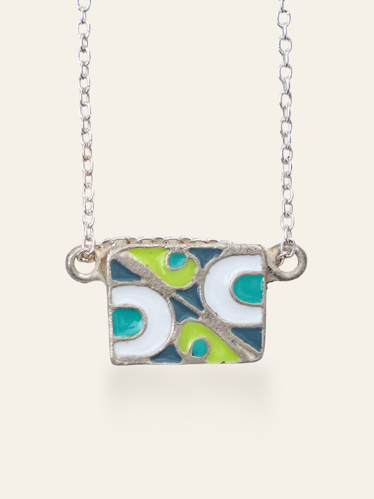 Sterling Silver Vintage Enamel Tiles on Chain in bright green, turquoise, blue, white by Elaine Chong Designs