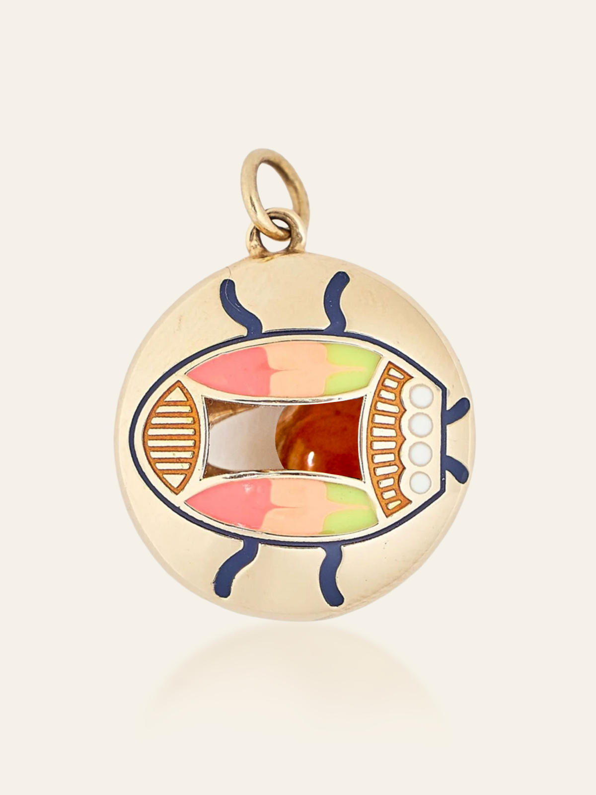 14K Gold Enamel Eye Pendant with Scarab Design and Moving Gemstone