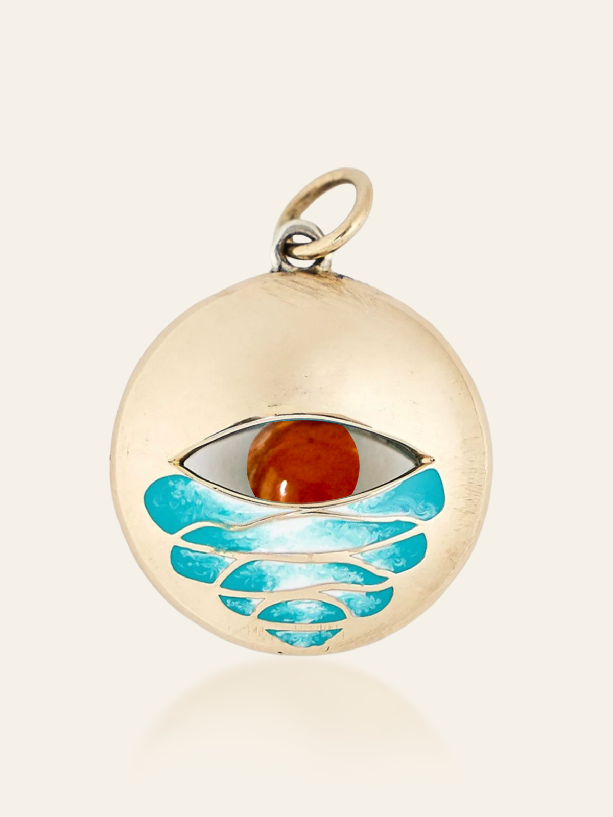 14K Gold Enamel Eye Pendant with Swirl Design and Moving Gemstone