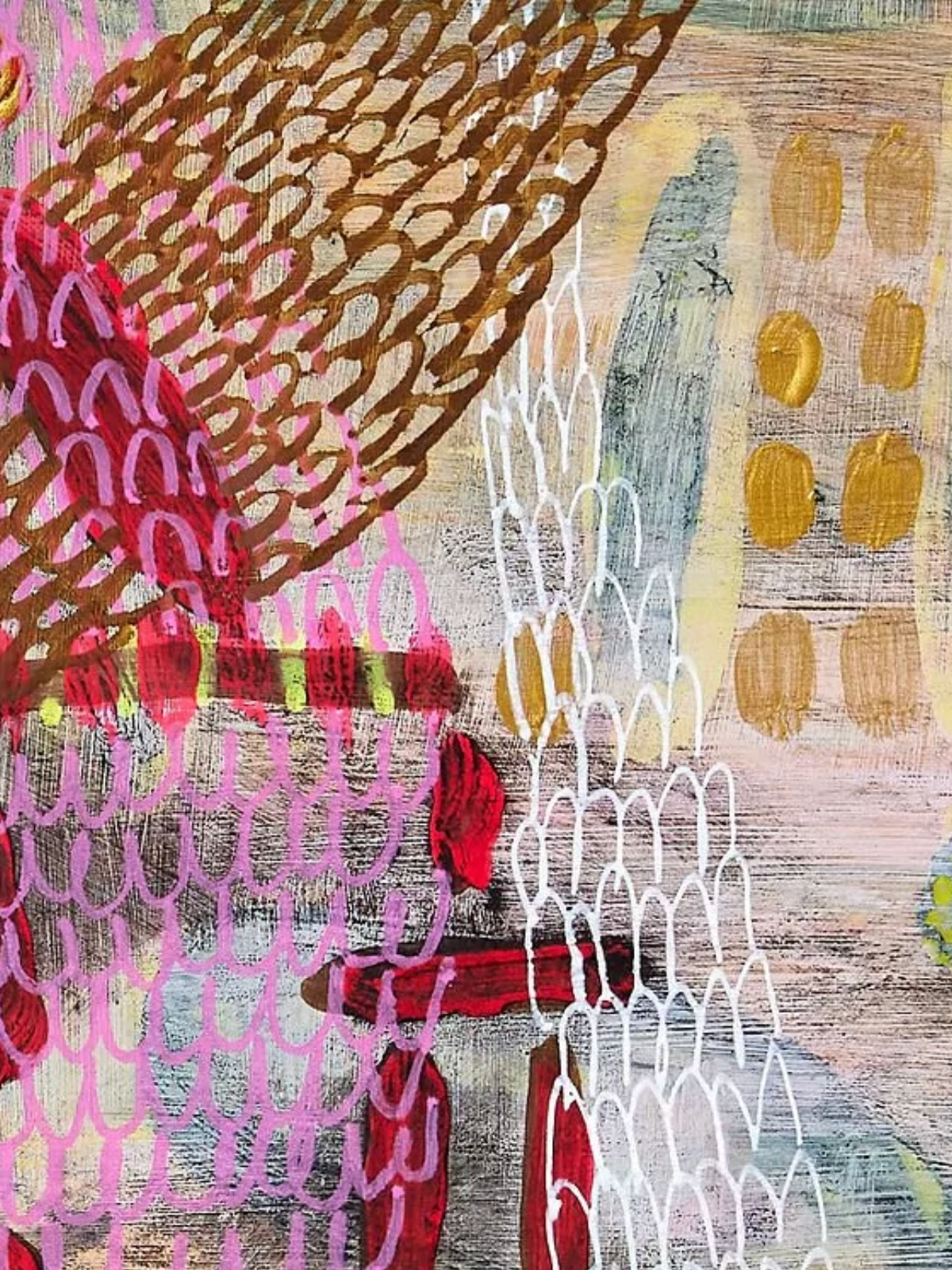 Detail of Nesting 1, 2025, Acrylic and cold wax on board by Elaine Chong