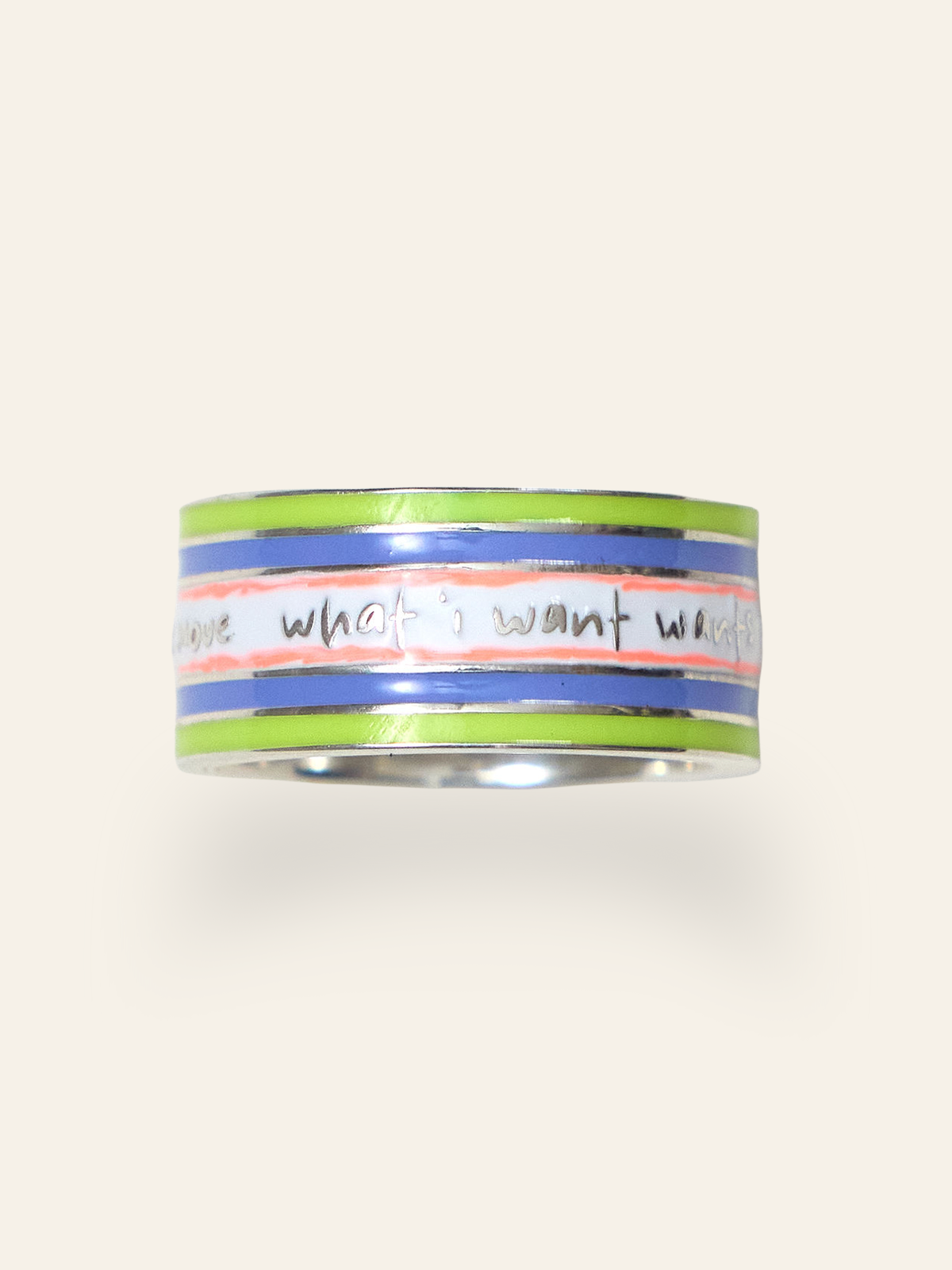 Sterling Silver Cigar Band with Green and Blue Enamel, side one, by Elaine Chong Designs