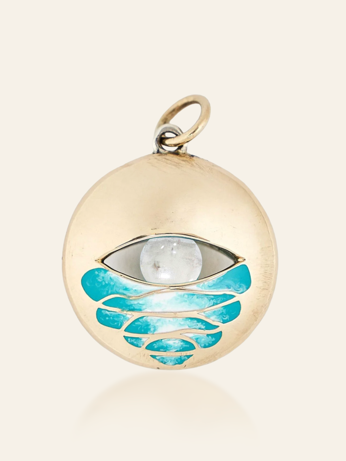 14K Gold Enamel Eye Pendant with Swirl Design and Moving Gemstone