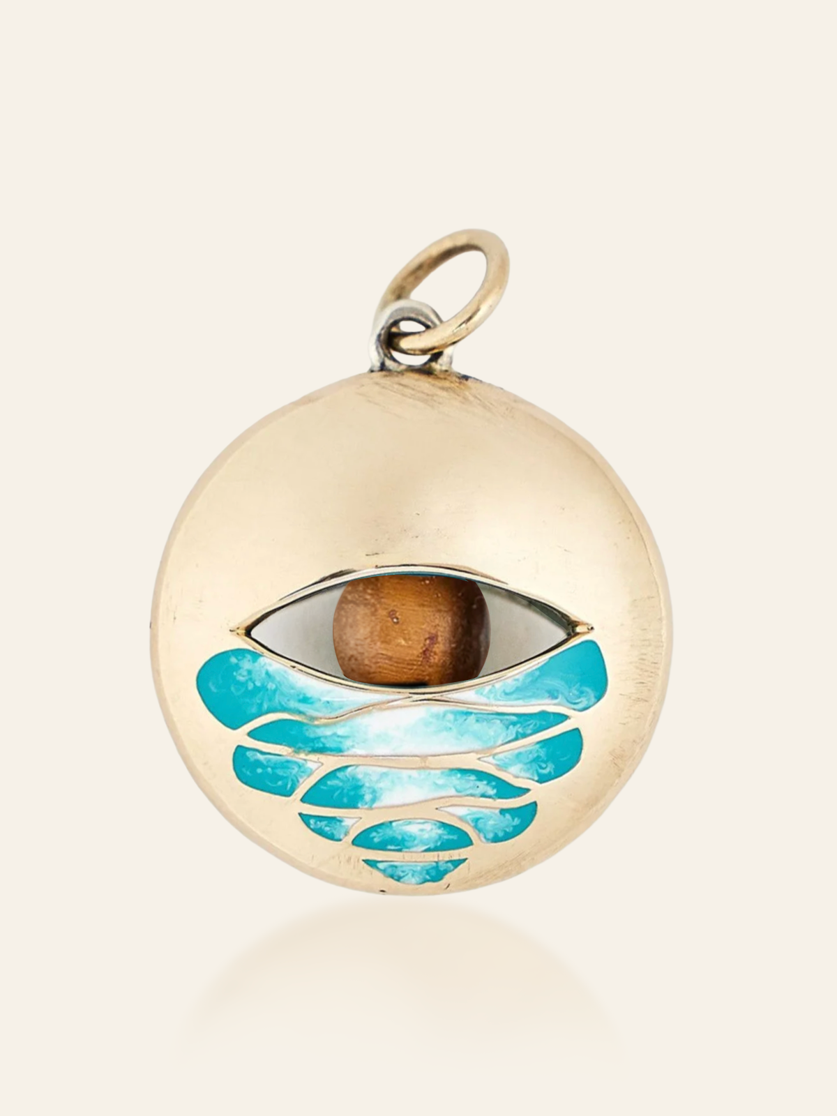 14K Gold Enamel Eye Pendant with Swirl Design and Moving Gemstone