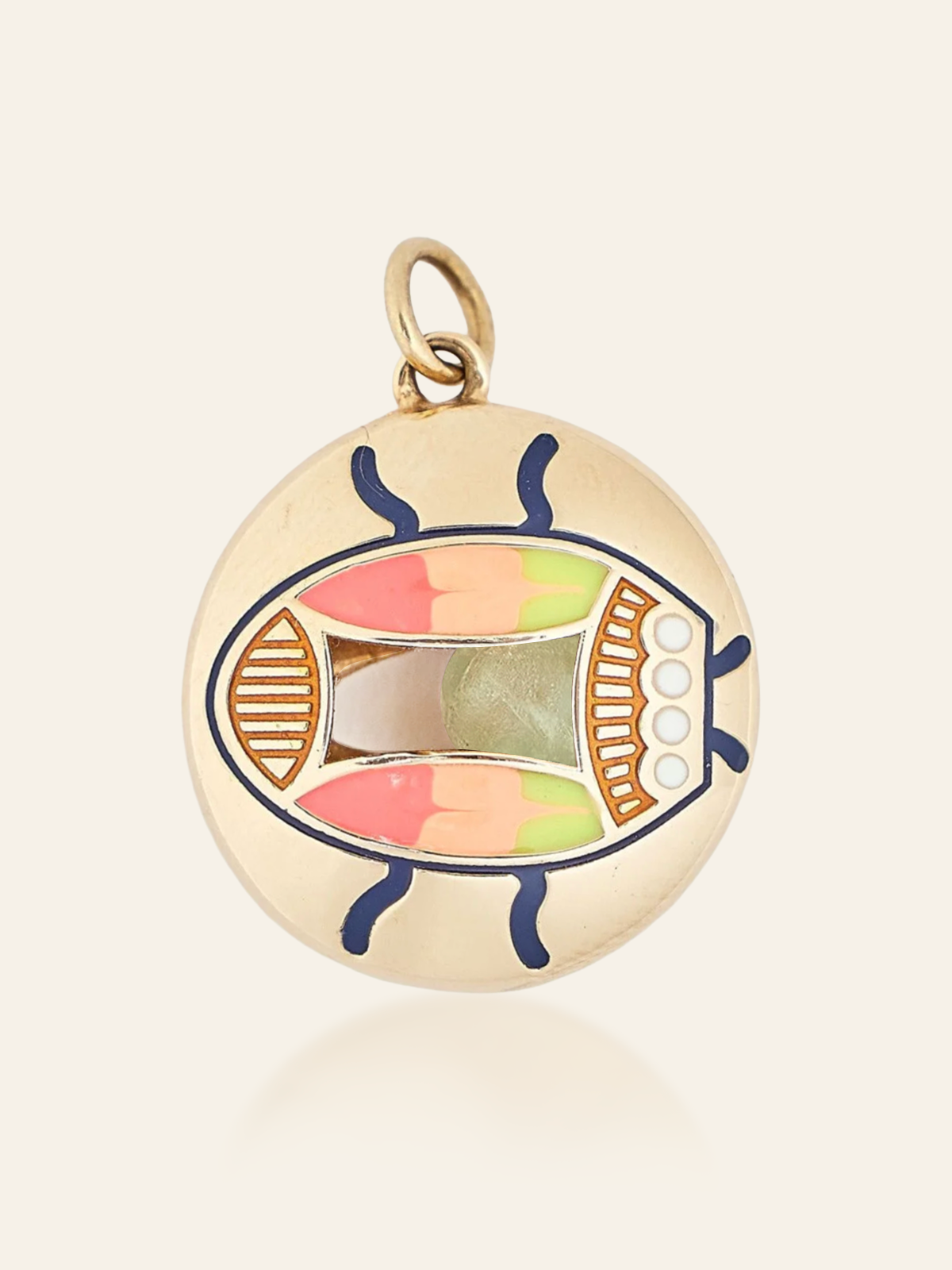 14K Gold Enamel Eye Pendant with Scarab Design and Moving Gemstone