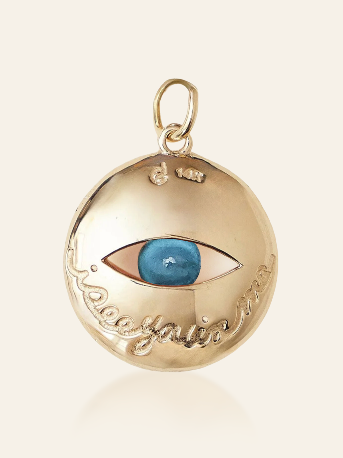14K Gold Enamel Eye Pendant with Swirl Design and Moving Gemstone, London Blue Topaz (back), by Elaine Chong Designs