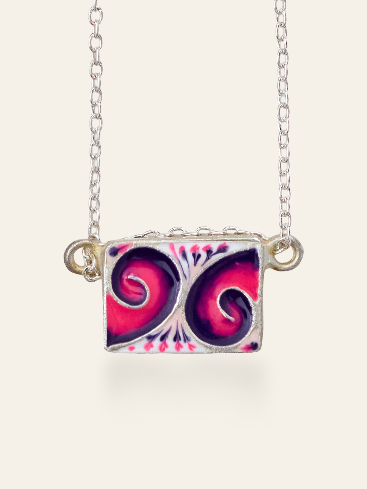 Sterling Silver Vintage Enamel Tiles on Chain in pink and purple by Elaine Chong Designs