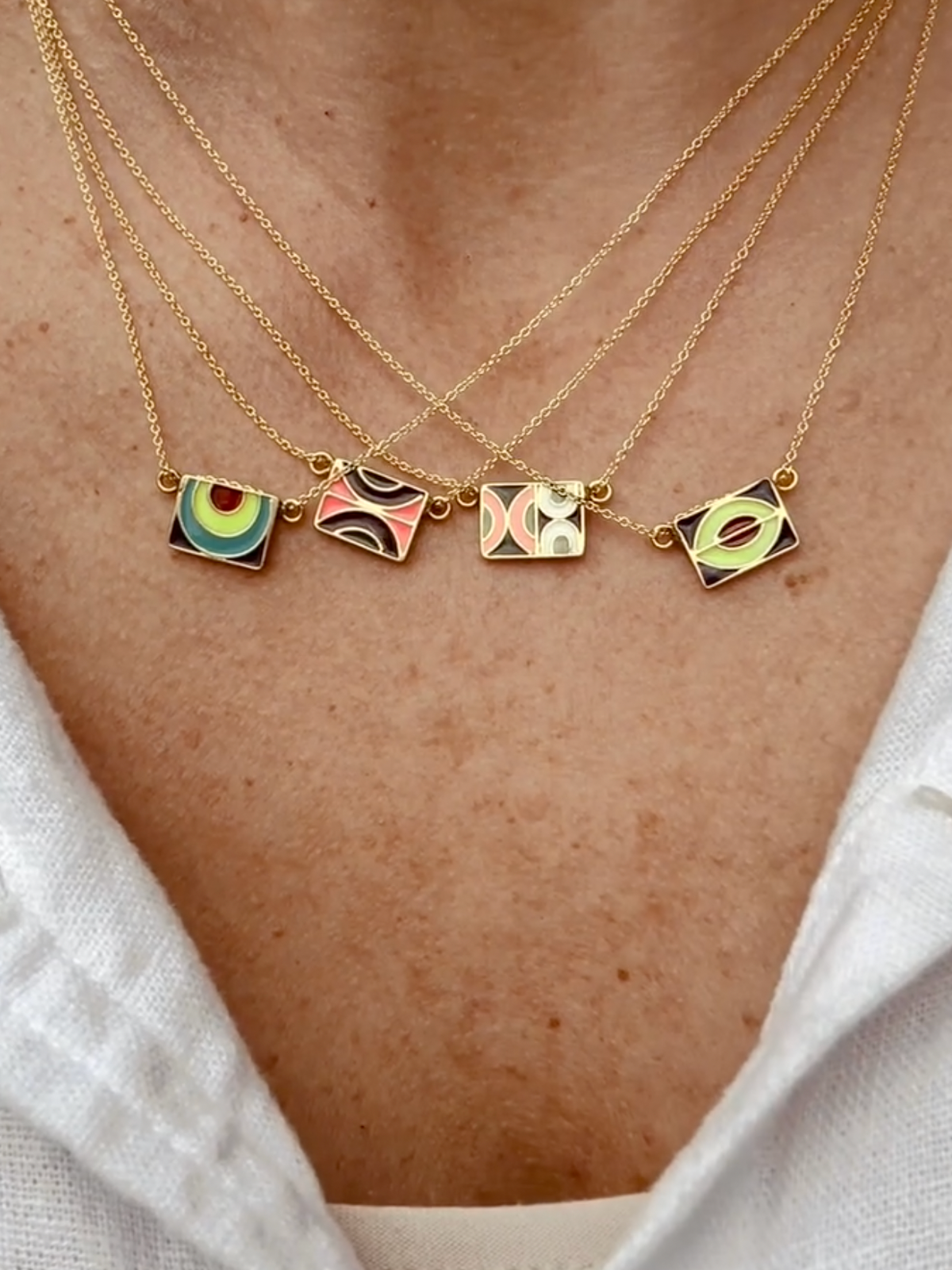 18K Vintage Enamel Tiles on Chain (Website Exclusive) by Elaine Chong on model