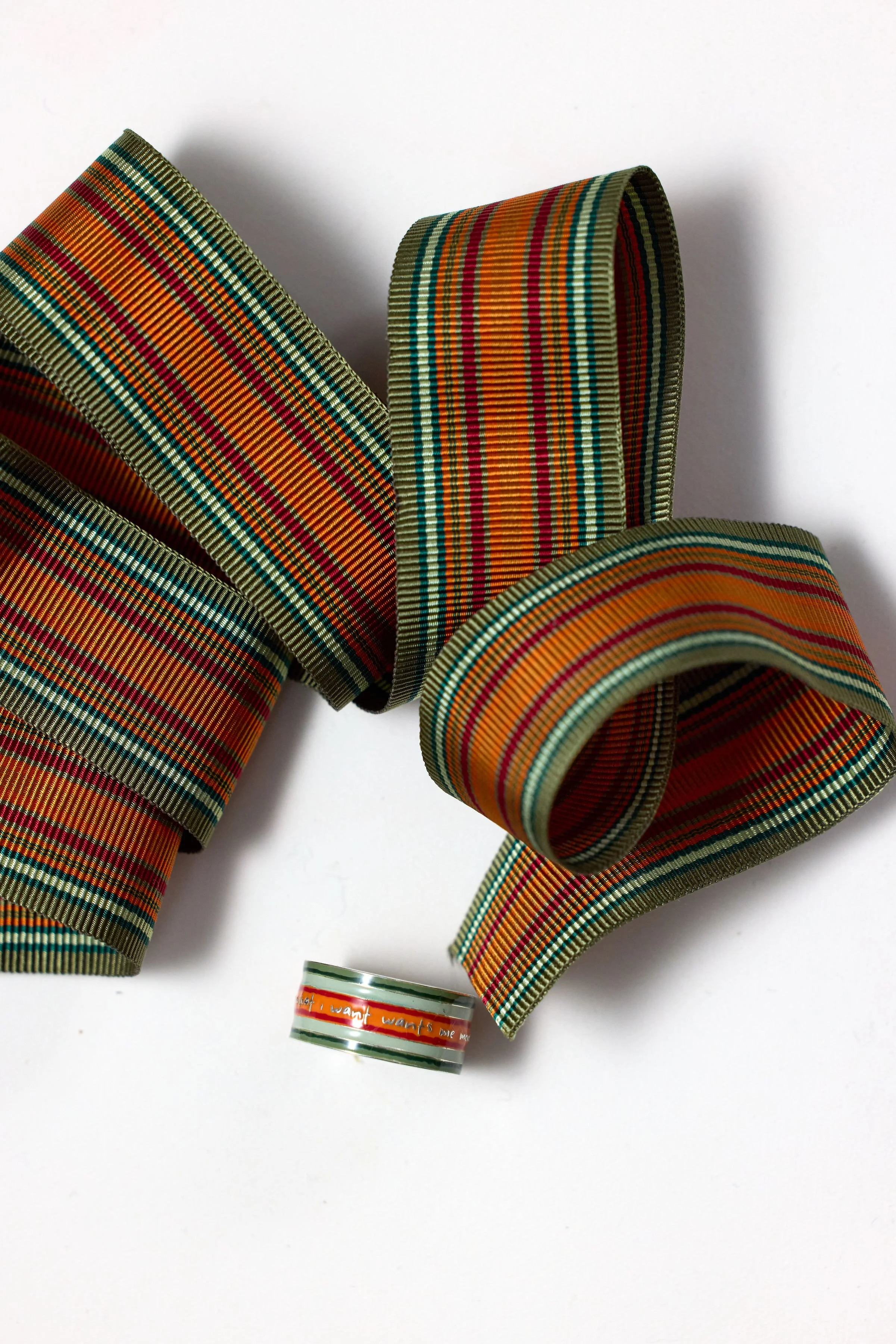 Sterling Silver Cigar Band with Green and Red Enamel with ribbon by Elaine Chong Designs