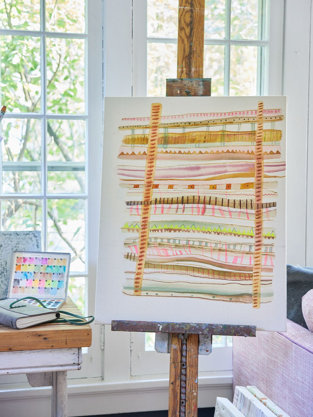 Sediment, 2024, Acrylic on raw canvas, by Elaine Chong on easel in studio