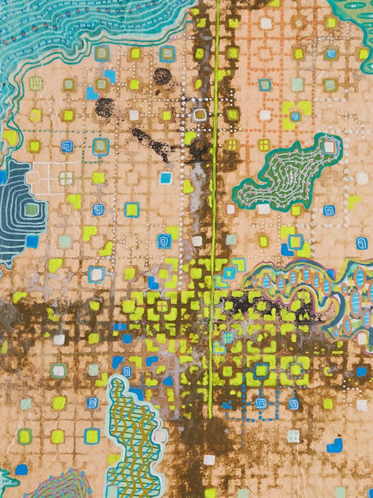 Detail of In the Medina, 2023, Handmade paper, acrylic and wax on board by Elaine Chong