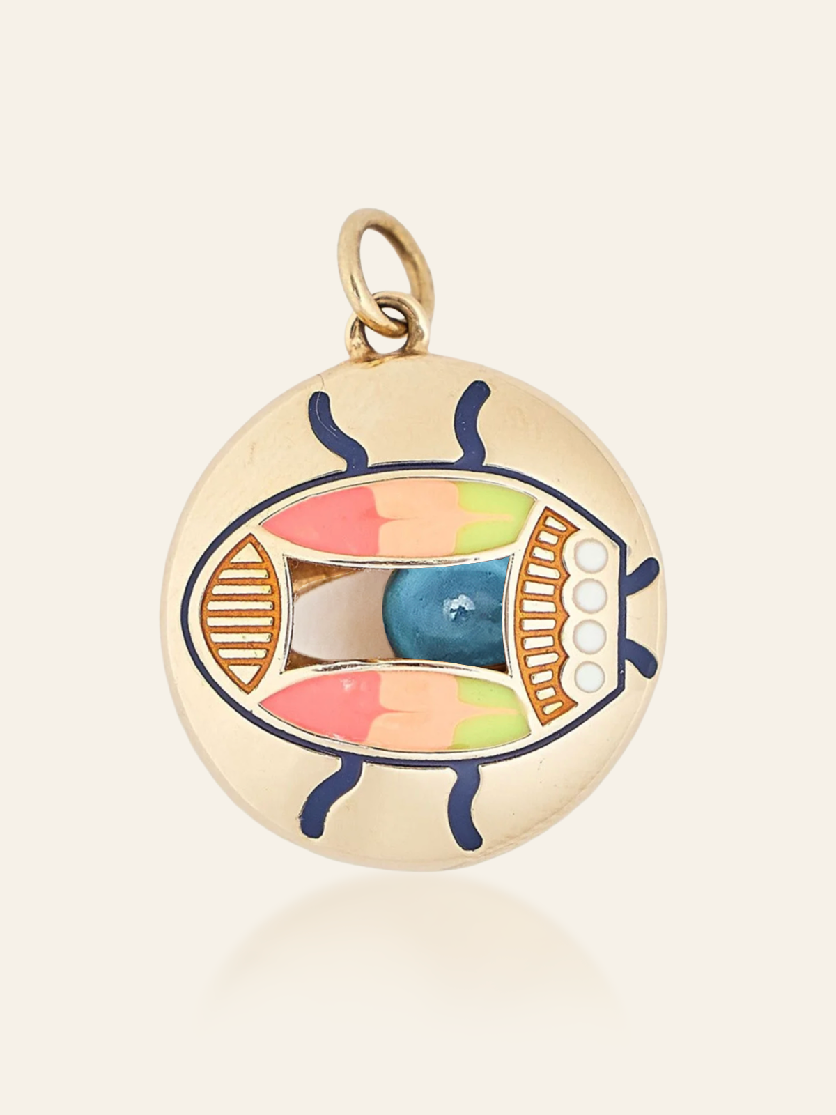 14K Gold Enamel Eye Pendant with Scarab Design and Moving Gemstone