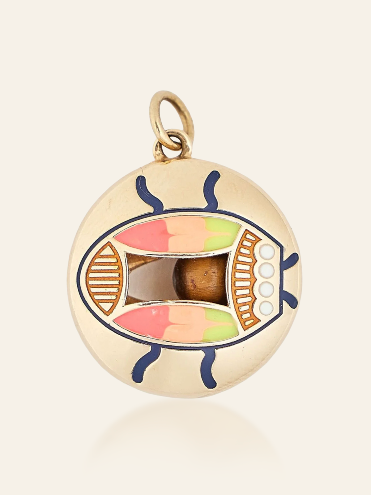 14K Gold Enamel Eye Pendant with Scarab Design and Moving Gemstone
