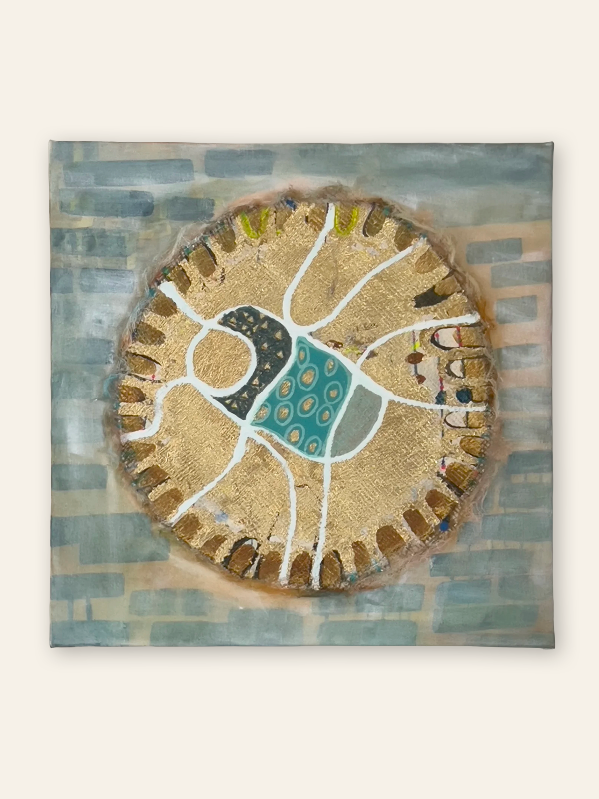 Coined Beetle, 2024, Acrylic, metallic leaf, gauze on raw canvas by Elaine Chong