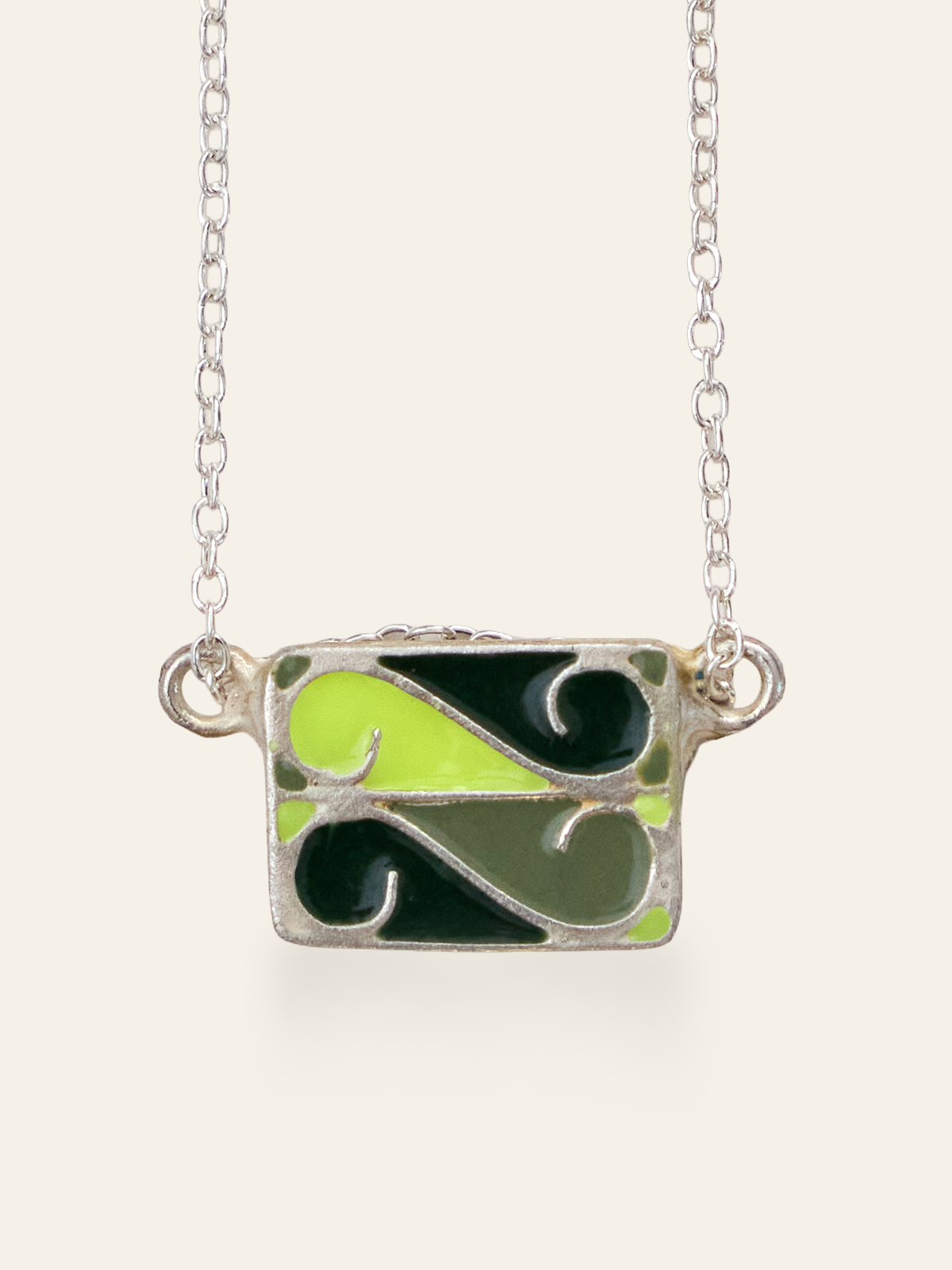 Sterling Silver Vintage Enamel Tiles on Chain in bright green, army green, black by Elaine Chong Designs