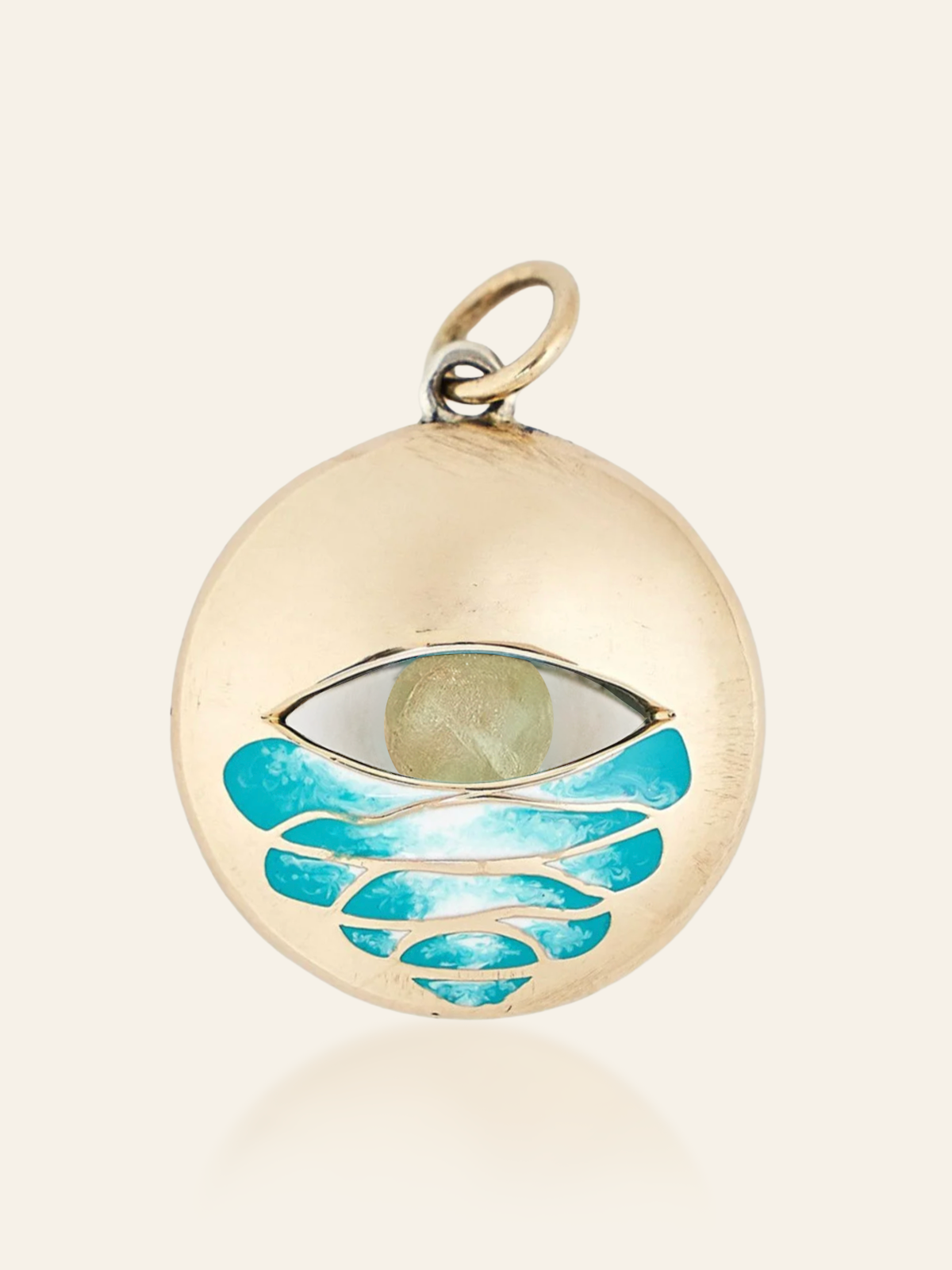 14K Gold Enamel Eye Pendant with Swirl Design and Moving Gemstone