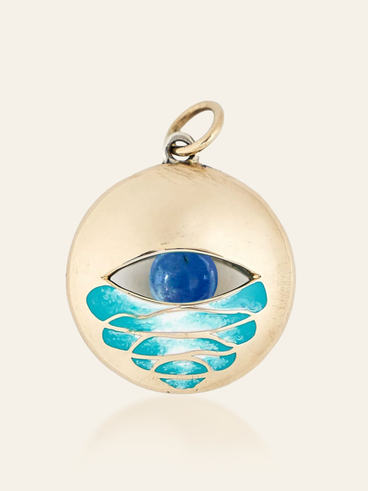 14K Gold Enamel Eye Pendant with Swirl Design and Moving Gemstone
