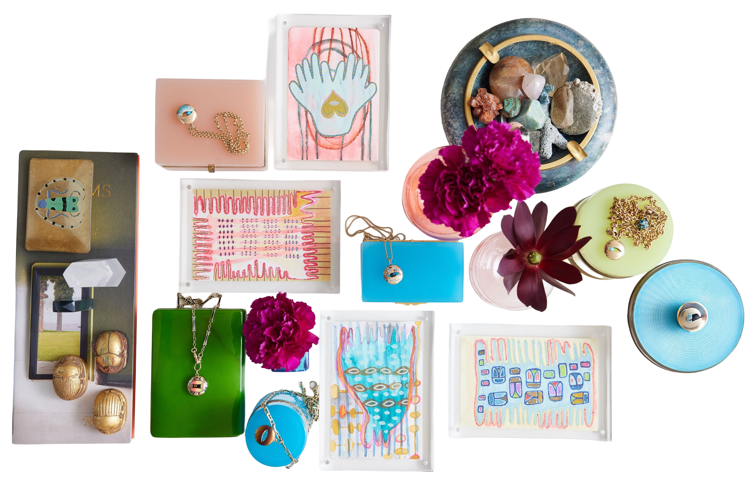 Elaine Chong Designs paintings and jewelry top view