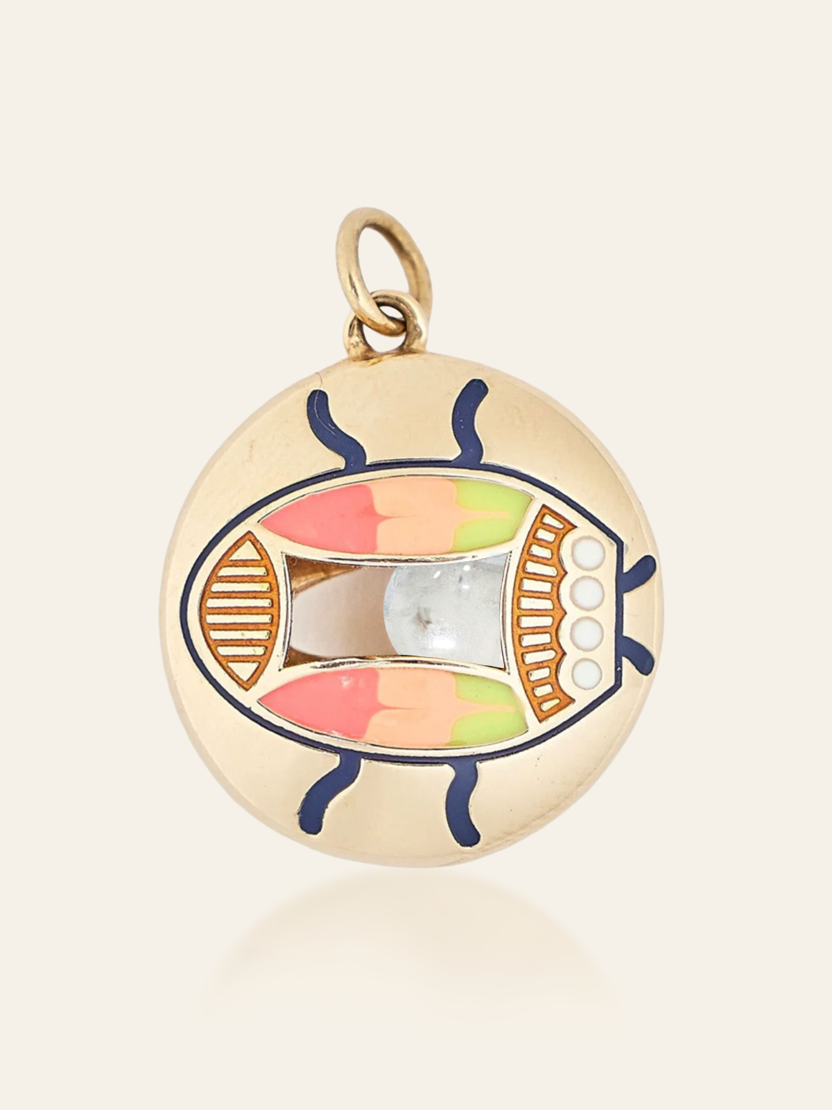 14K Gold Enamel Eye Pendant with Scarab Design and Moving Gemstone