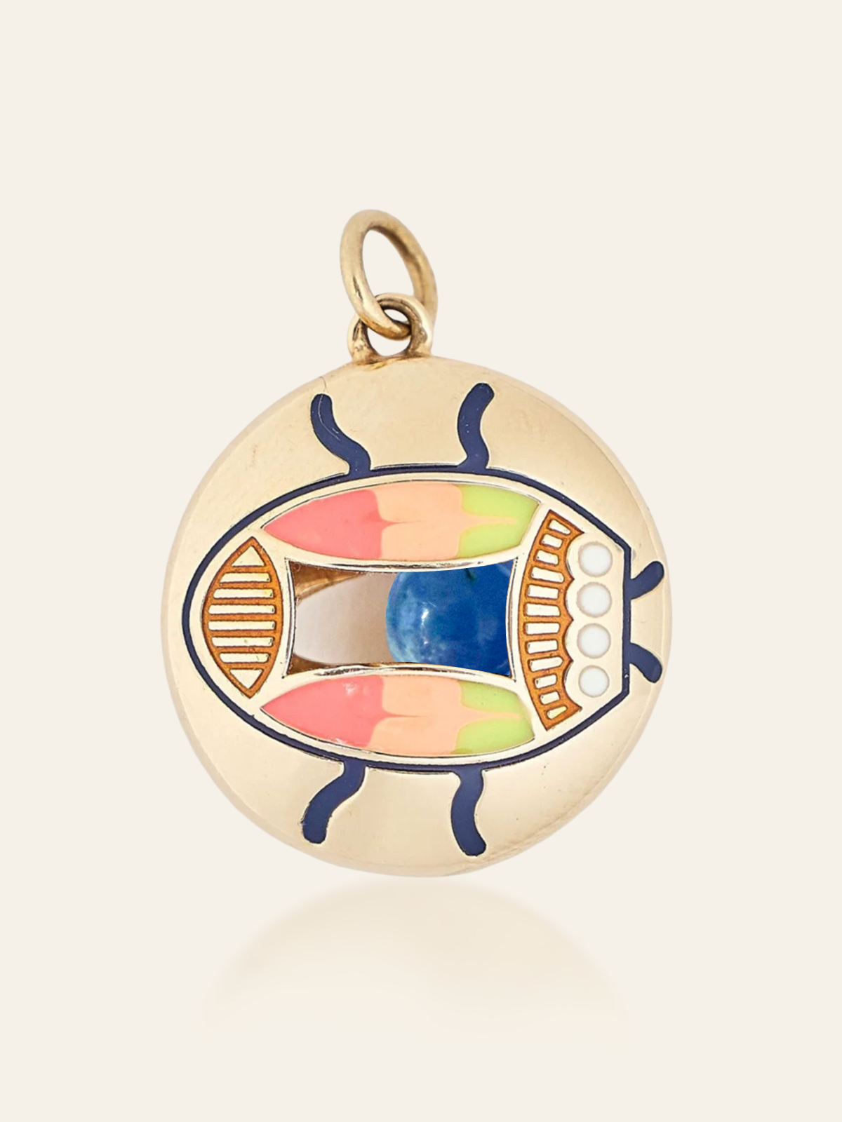 14K Gold Enamel Eye Pendant with Scarab Design and Moving Gemstone