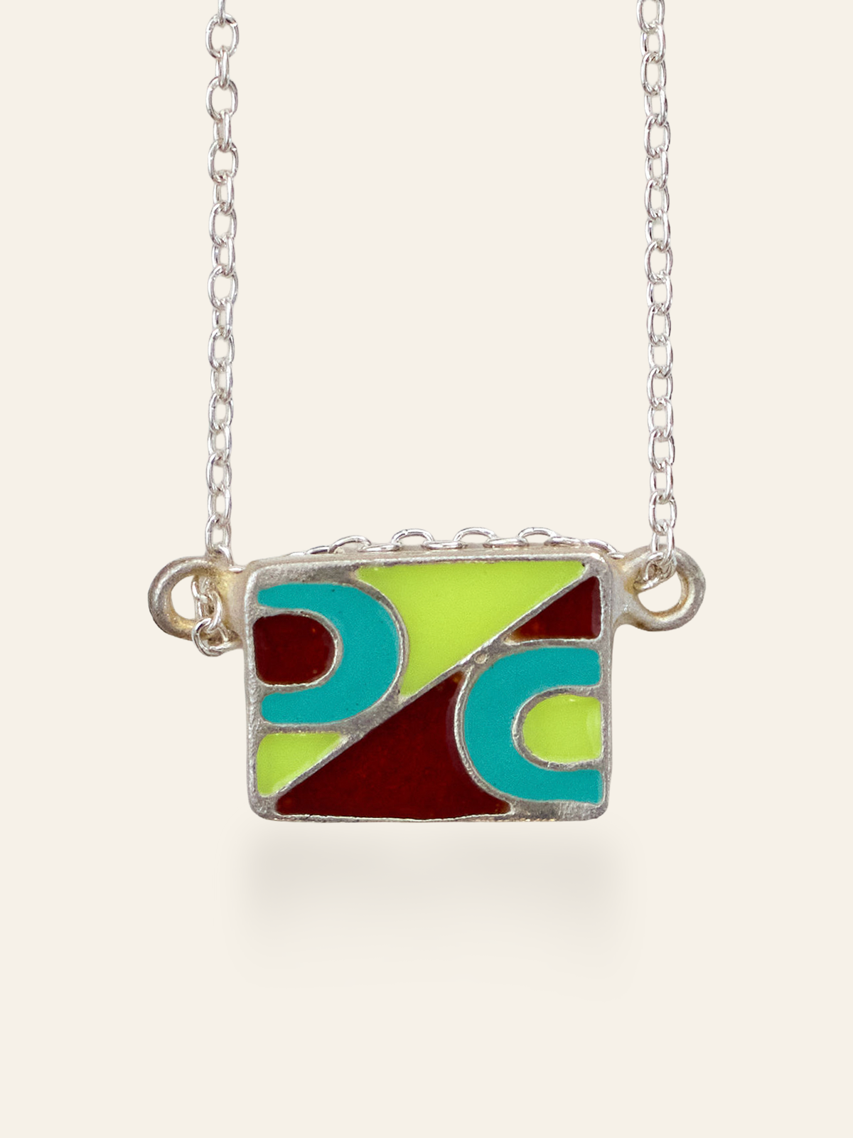 Sterling Silver Vintage Enamel Tiles on Chain in bright green, turquoise, red by Elaine Chong Designs