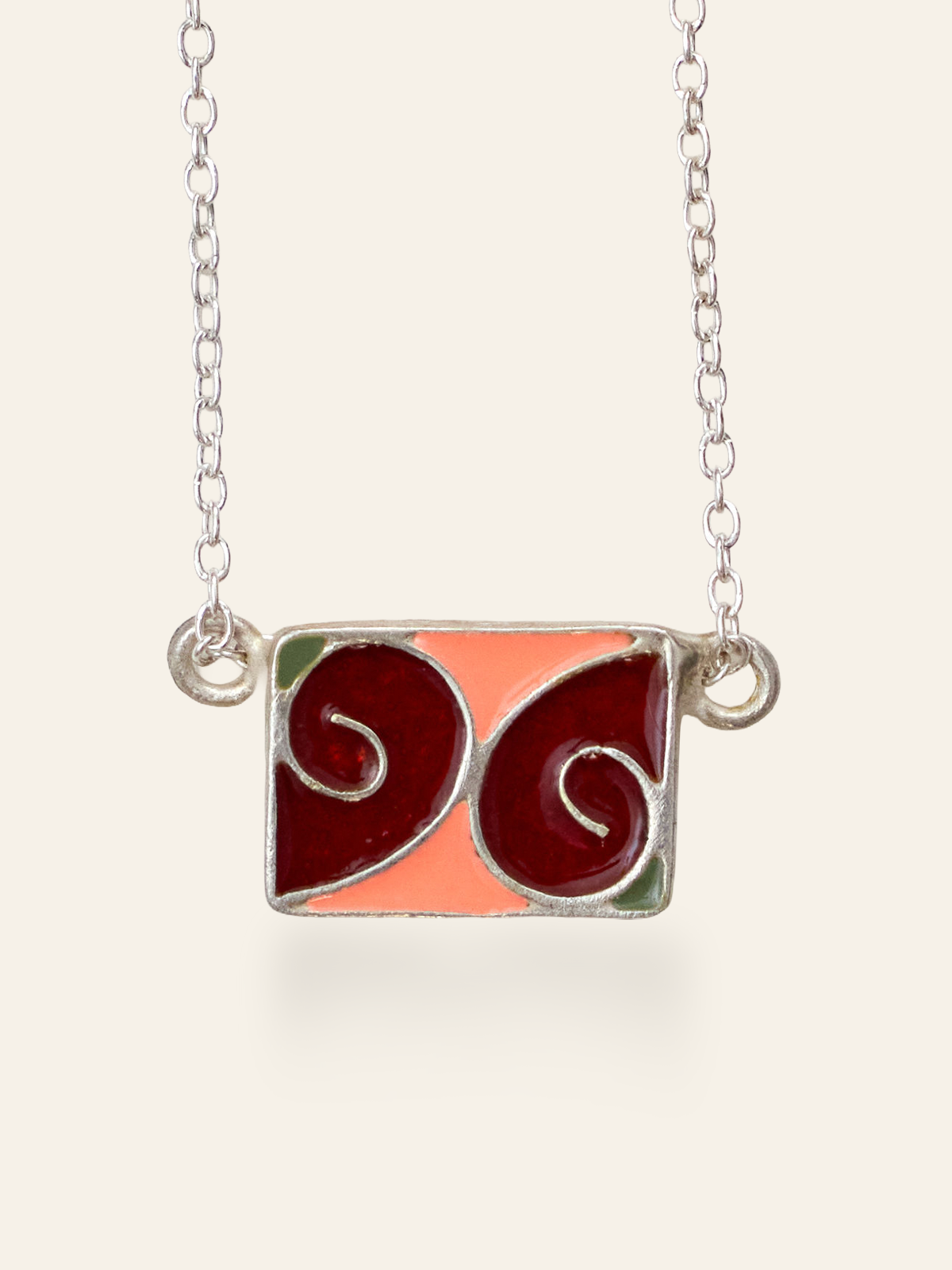Sterling Silver Vintage Enamel Tiles on Chain in peach and red by Elaine Chong Designs