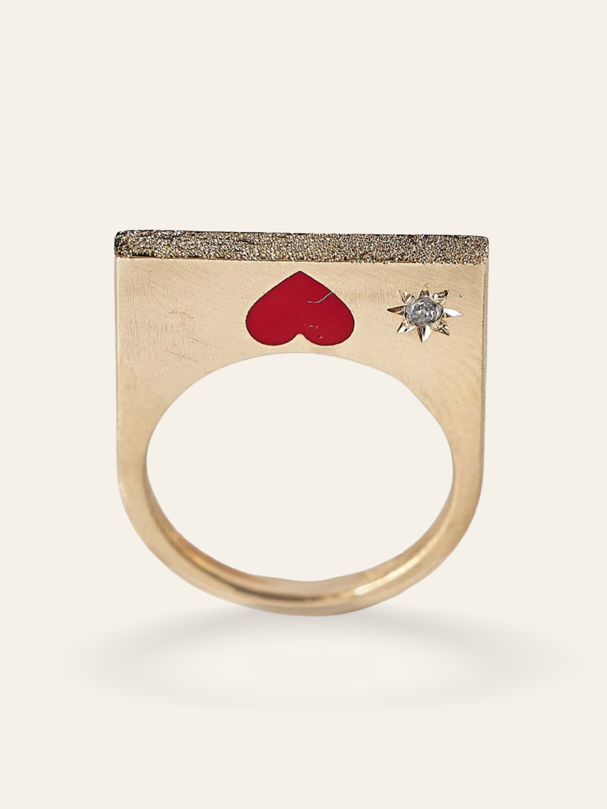 14K Gold Double Sided Heart Stacking Ring with Salt & Pepper Diamonds