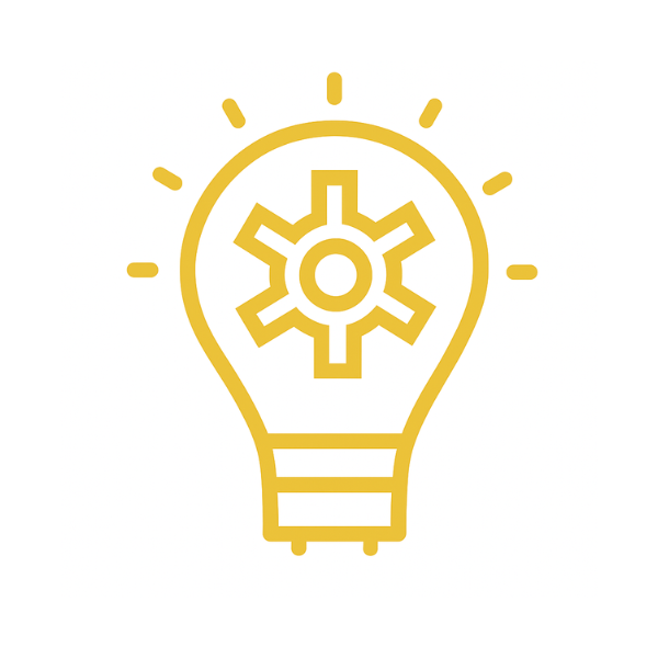 A yellow outline of a light bulb with a gear inside, representing innovation or ideas.