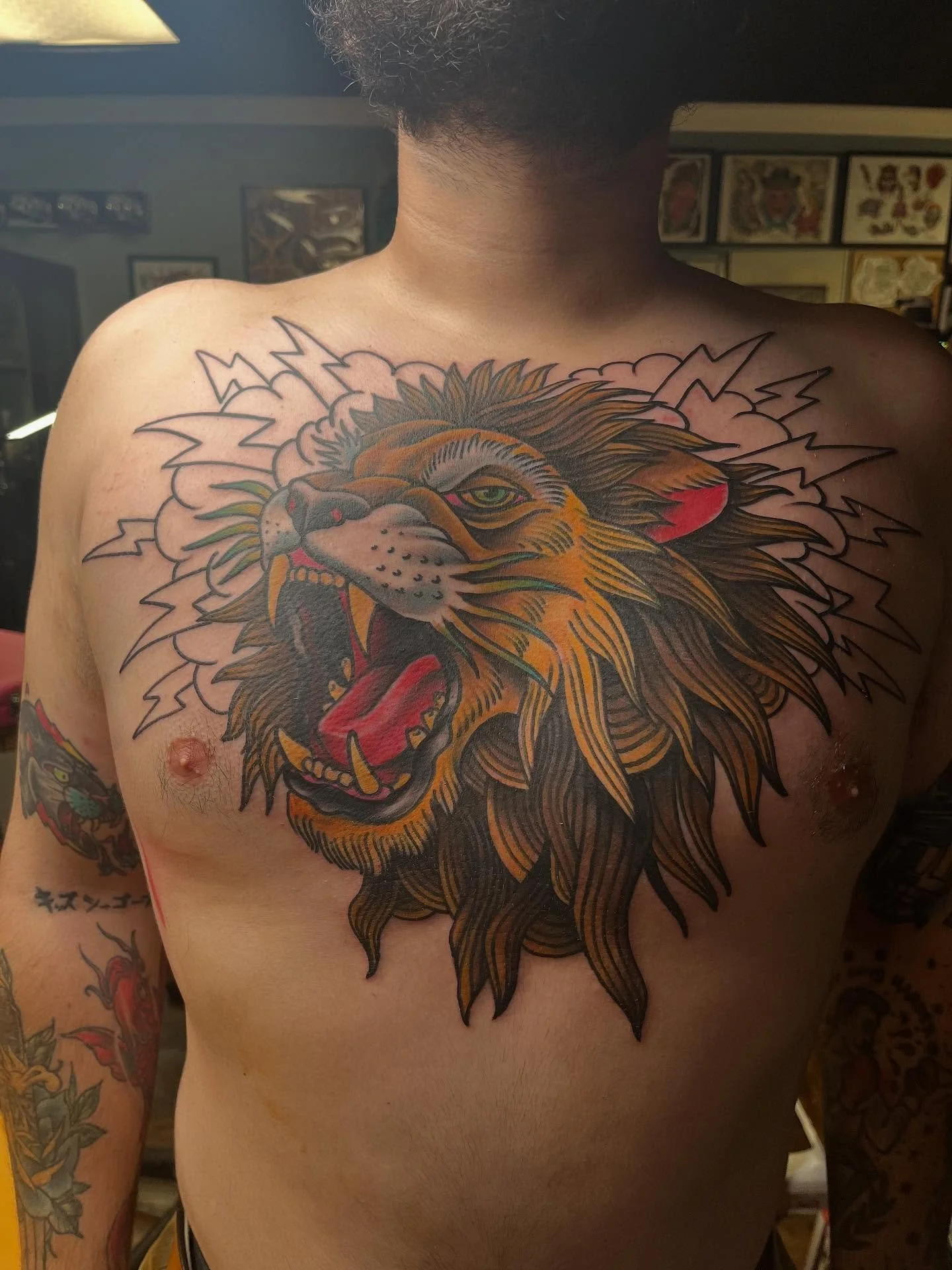 Fun chest piece for a new client!!! Start tuned to see more @unicornneedles @solidinkcolors @eternalink #traditionaltattoos #traditionalchest #colortattoo