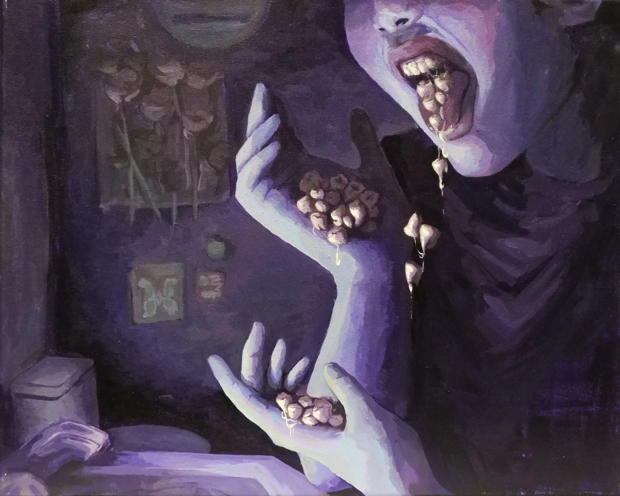 Dreams are a big part of my life I have one every night and I love hearing other's dreams, the weirder the better. I'm very fascinated with dreams and teeth falling out is a common one. I wanted to make the dream aspect to be in the piece in more way