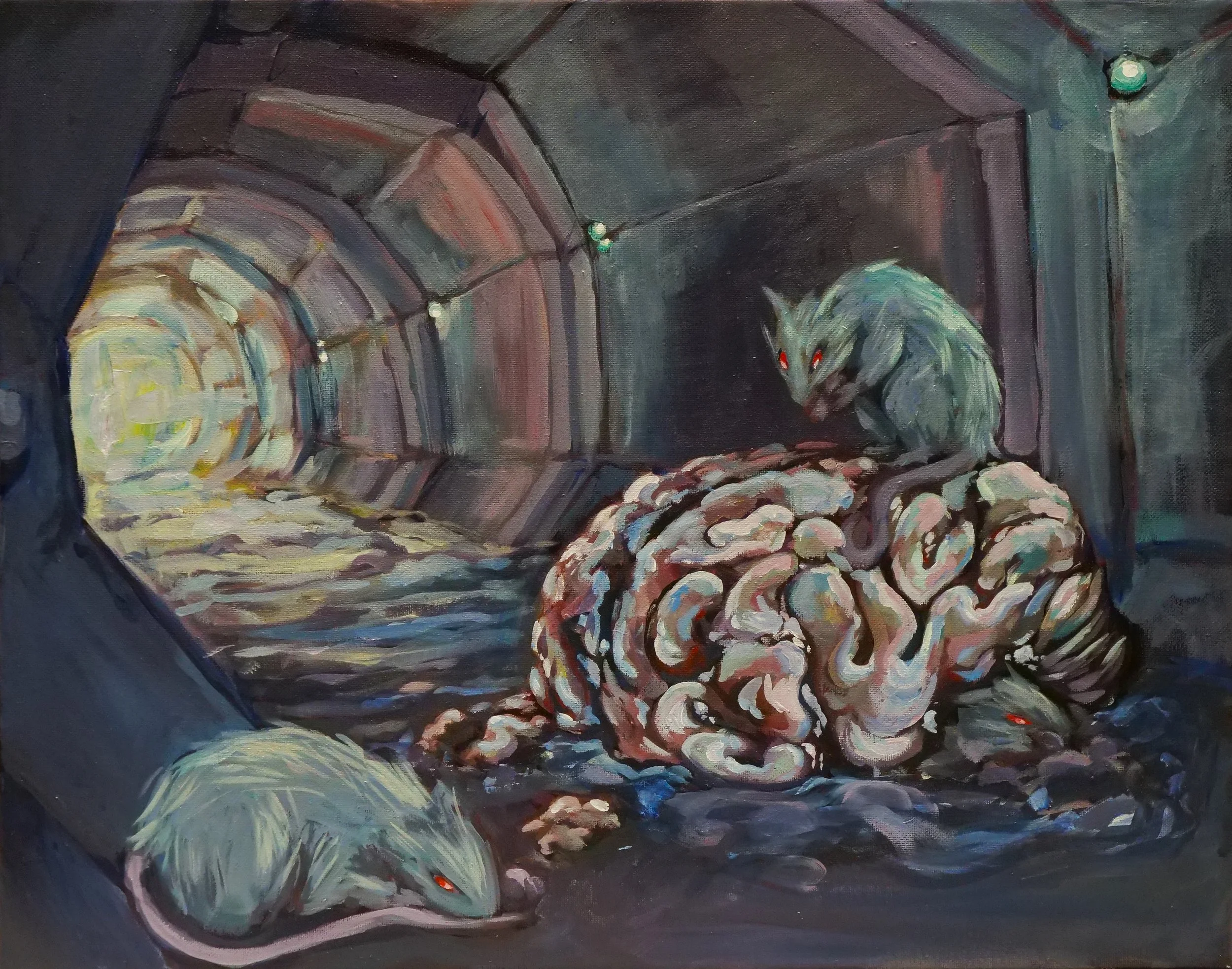 Before starting this project I thought about my childhood how I don’t have strong memories with my dad and how your brain makes you forget or bury parts of a memory to protect you. The rats eating the brain show memories being eaten away. Acrylic on 