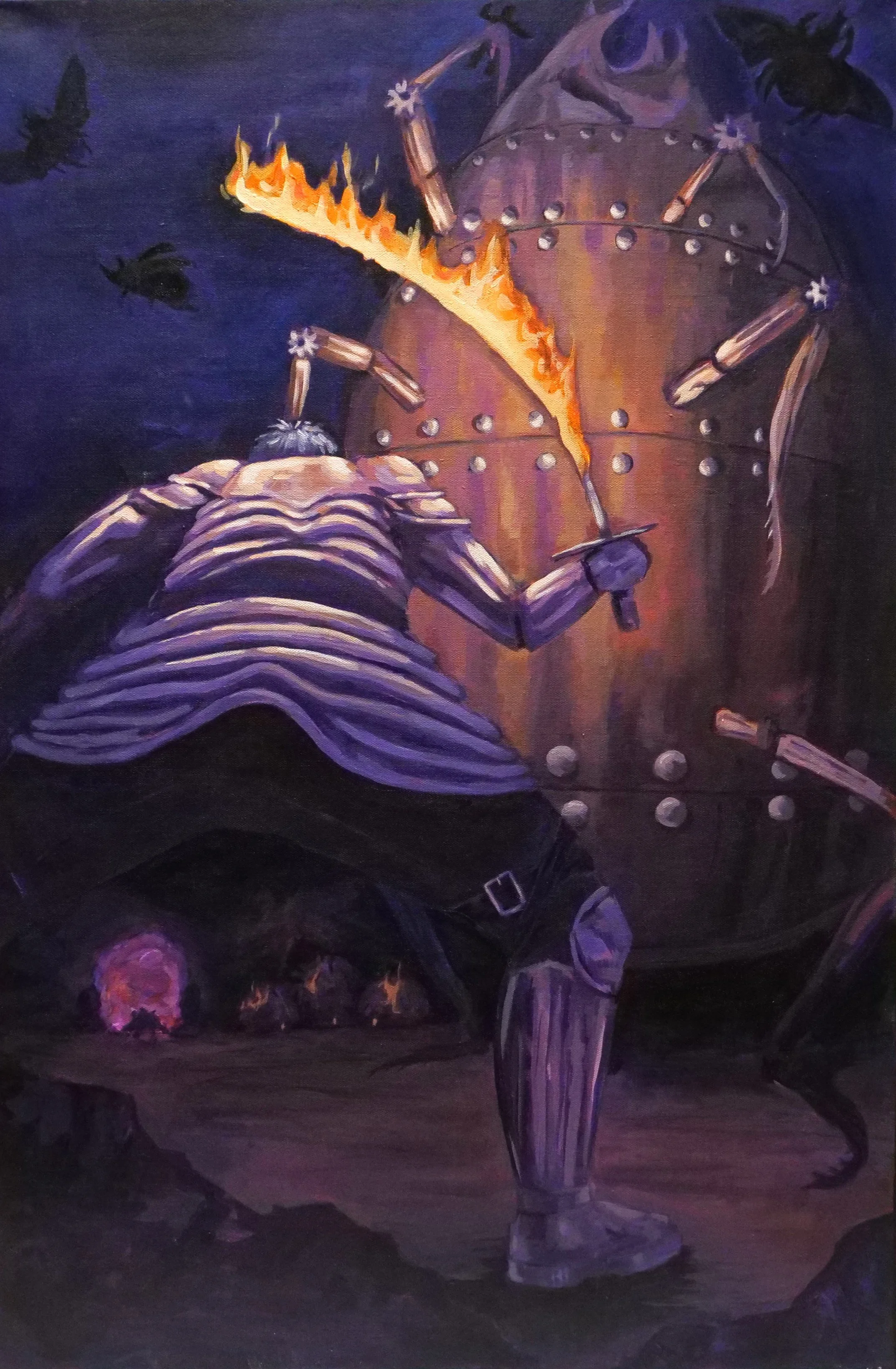 The old and new ages inspired this piece. The suits of armor and huge robot rhino beetle juxtapose the past and the technology forward future.

Acrylic on Canvas