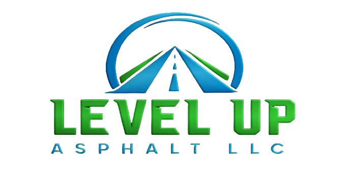 Logo for a game called 'Level Up' with the subtitle 'ASPHALT' and a stylized road or race track graphic in the background.