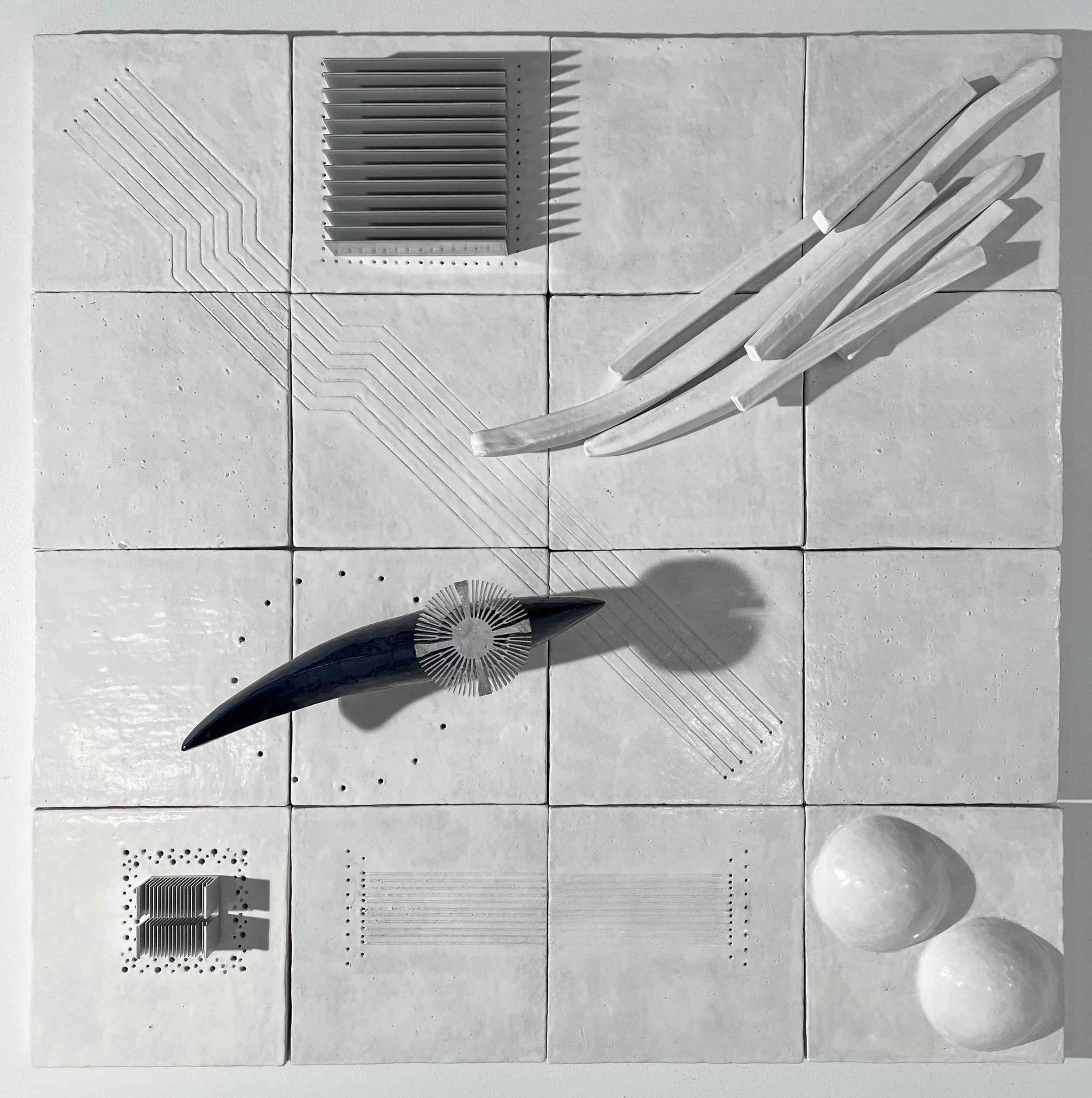 Transcendent Landscapes #6, 2025, fried clay, glaze, computer parts, 36x36 inches