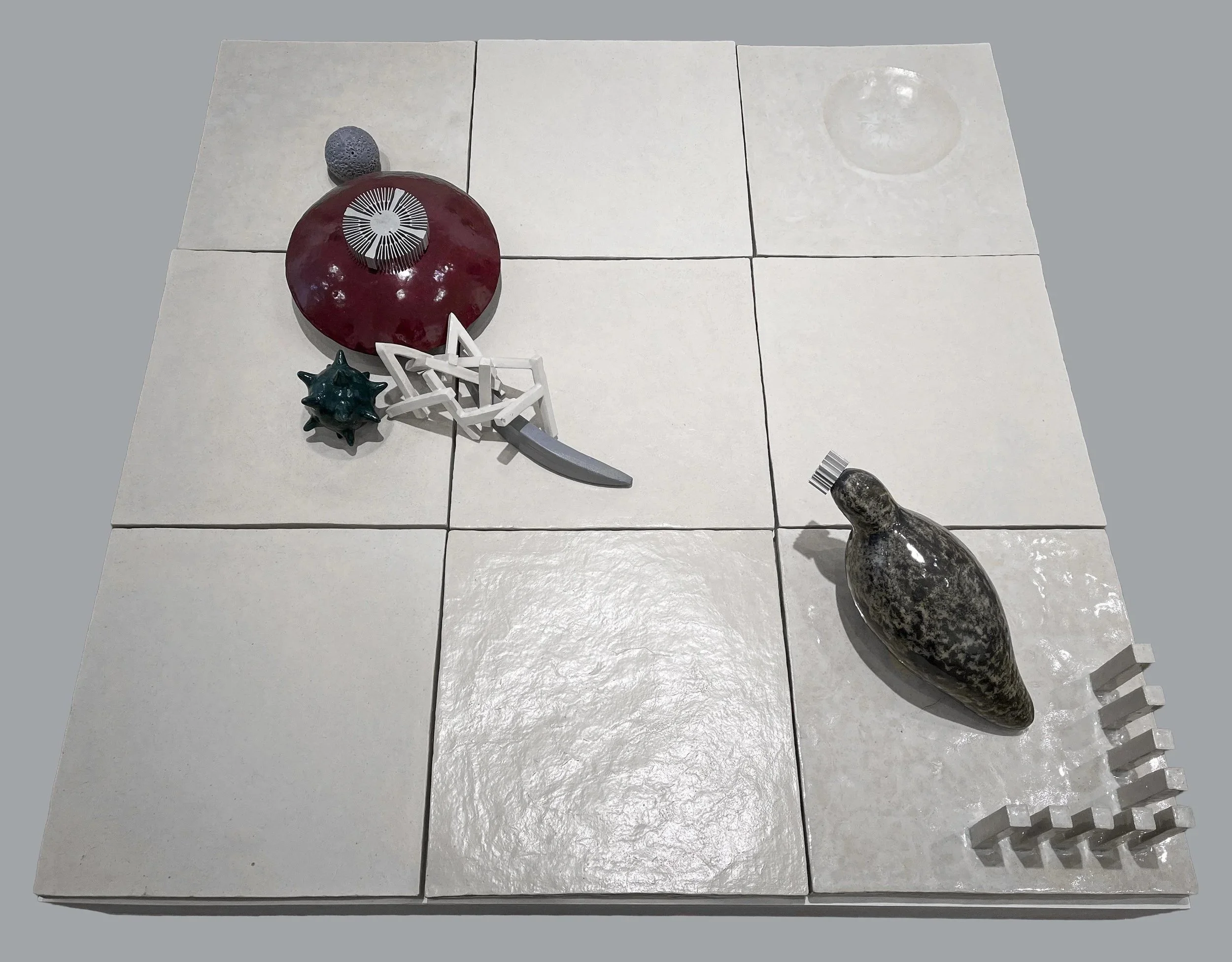 Transcendent Landscapes #2, 2023, fired clay, glaze, computer parts, 41 x 41 inches