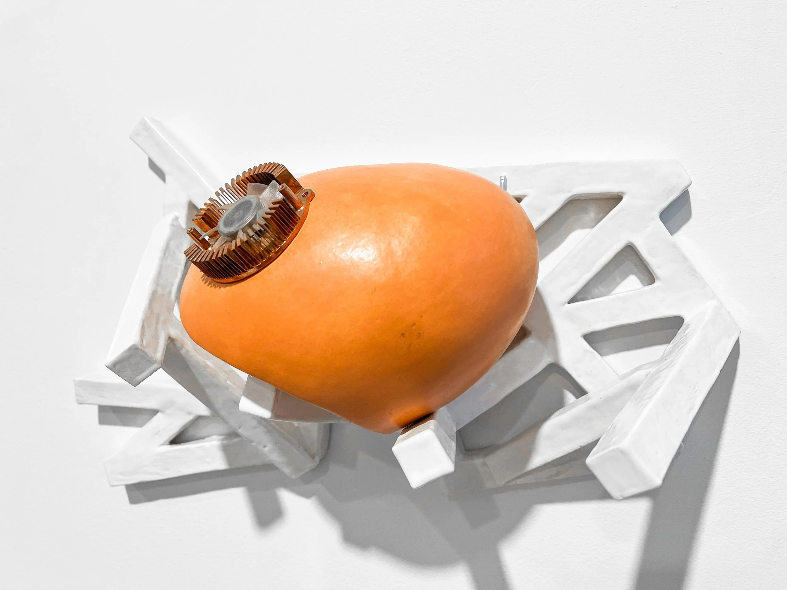 Nesting Bot X3C4, 2025, fired clay, glaze, mixed media, 9.5x15.5x5 inches