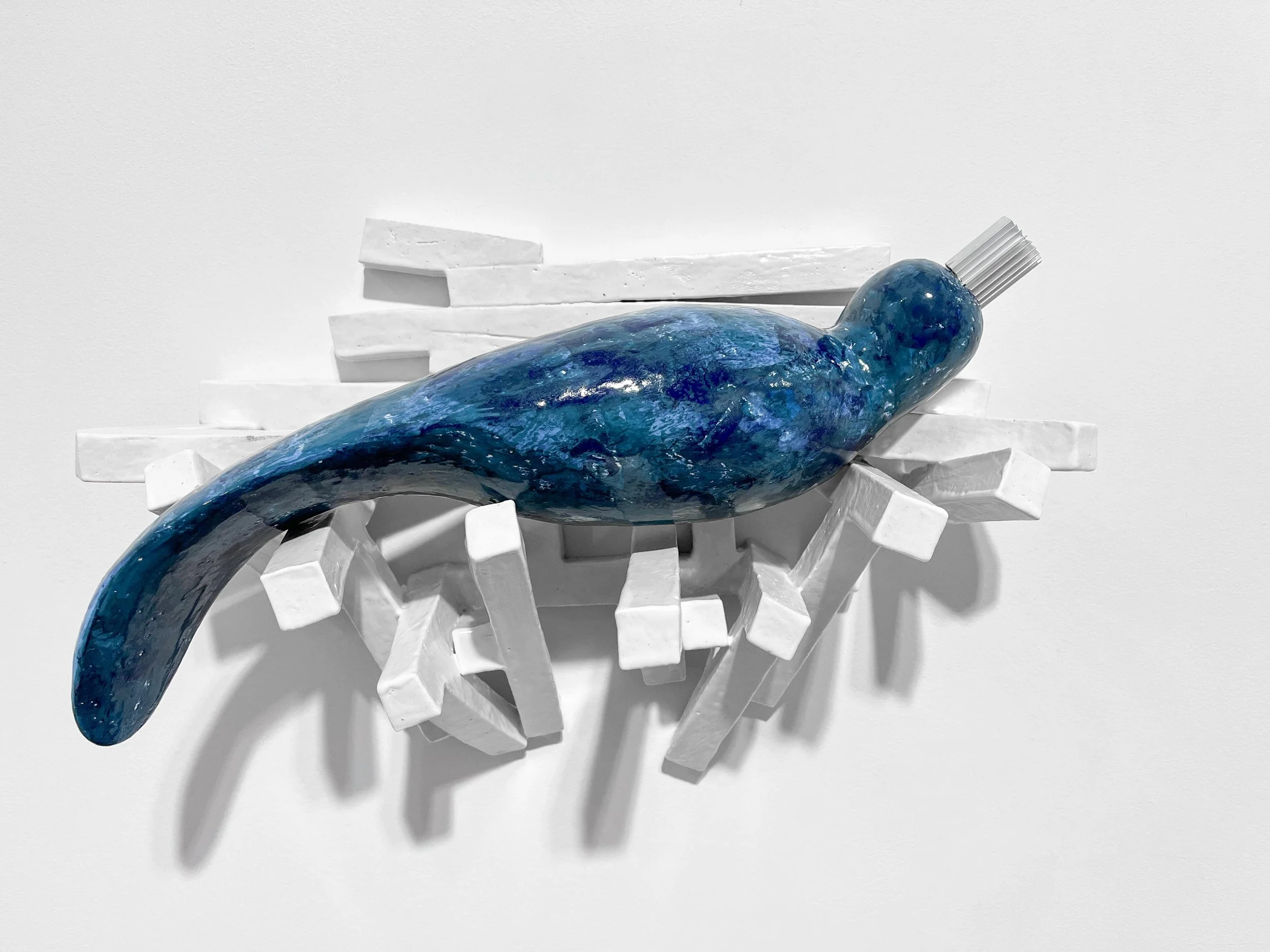 Nesting Bot X3C2, 2025, fired clay, glaze, mixed media, 9.5x16x9 inches