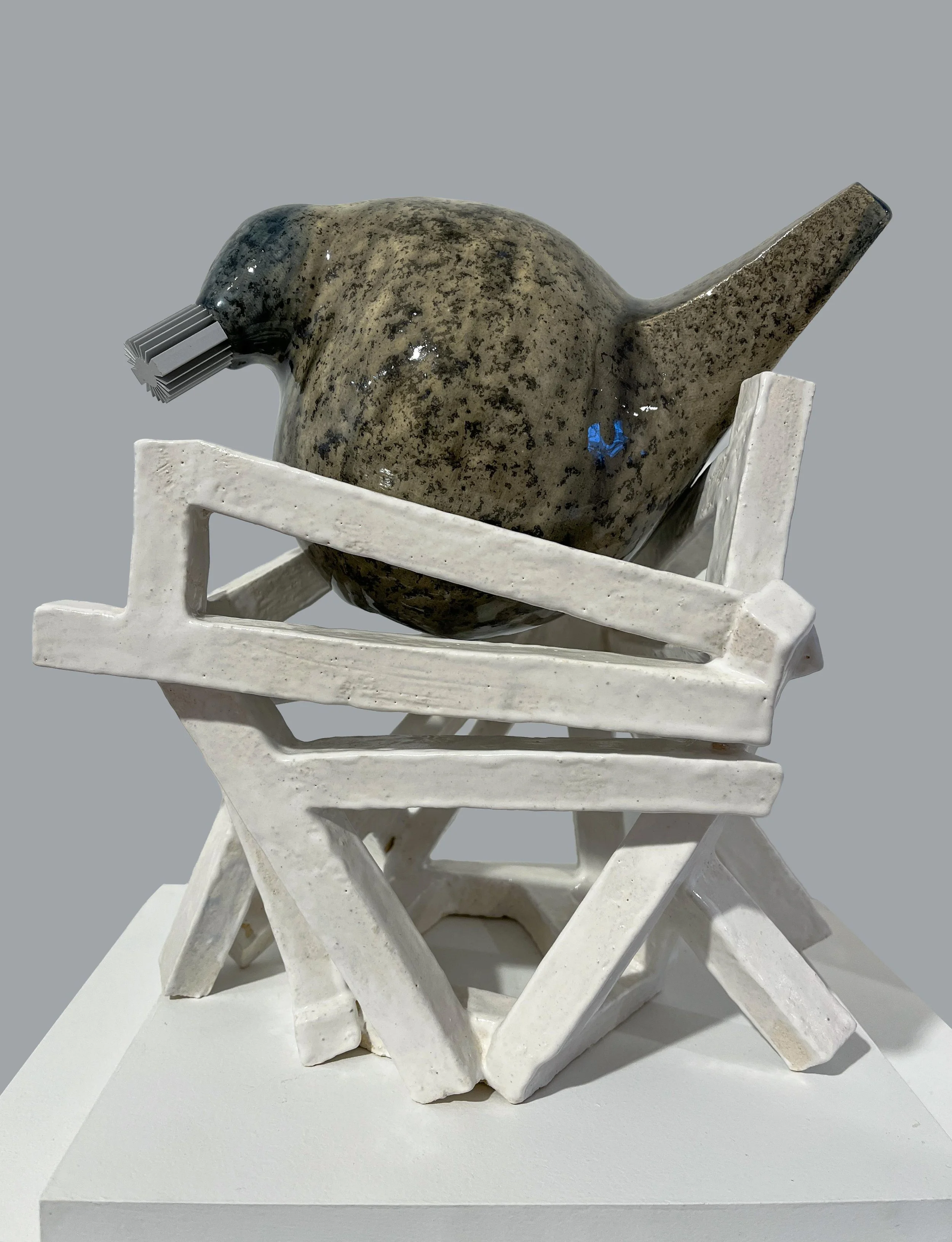 Nesting Bot X3C1, 2025, fired clay, glaze, mixed media, 12x9x8.5 inches
