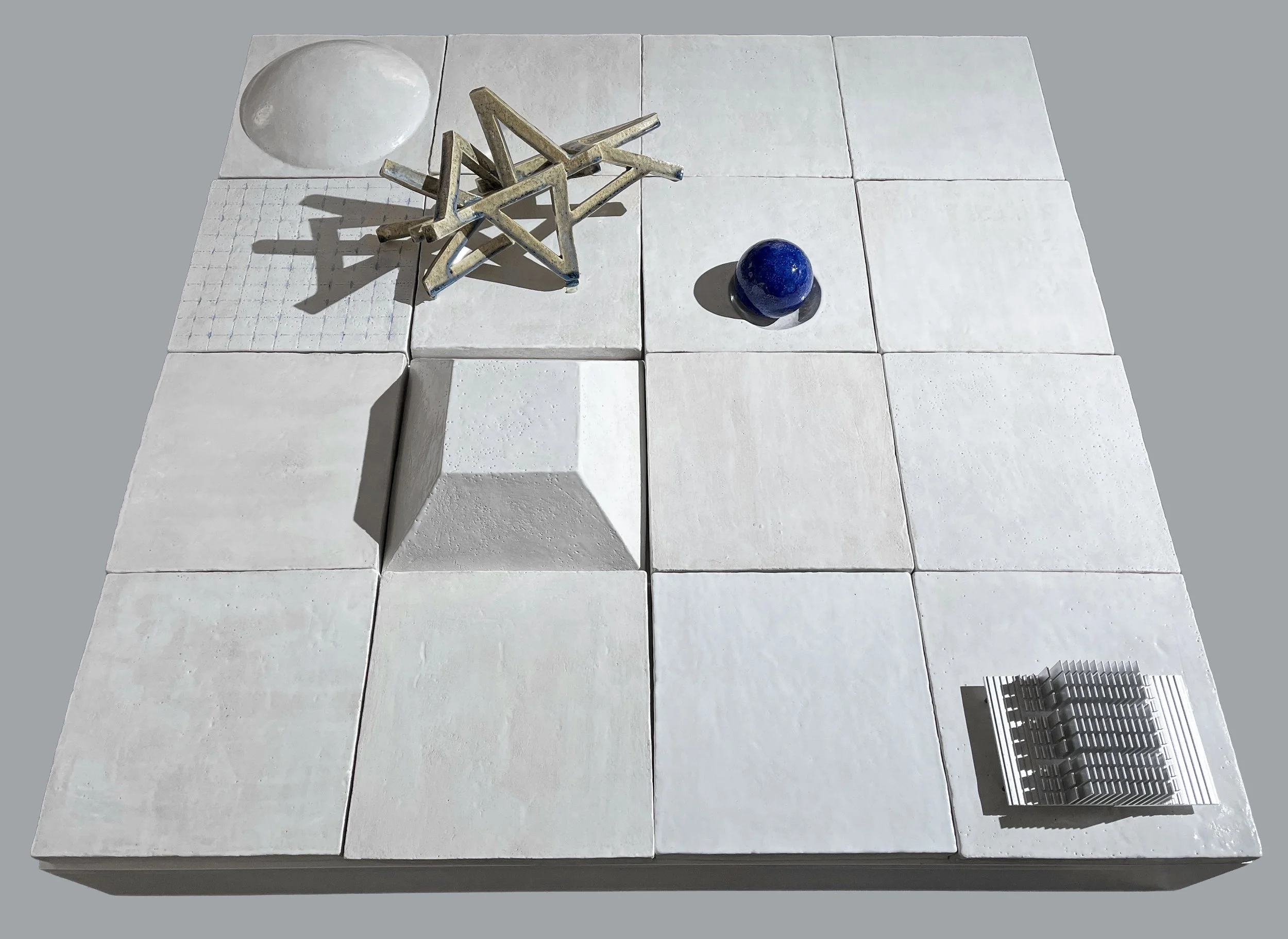 Transcendent Landscapes #3, 2024, fried clay, glaze, computer parts, 42x42 inches