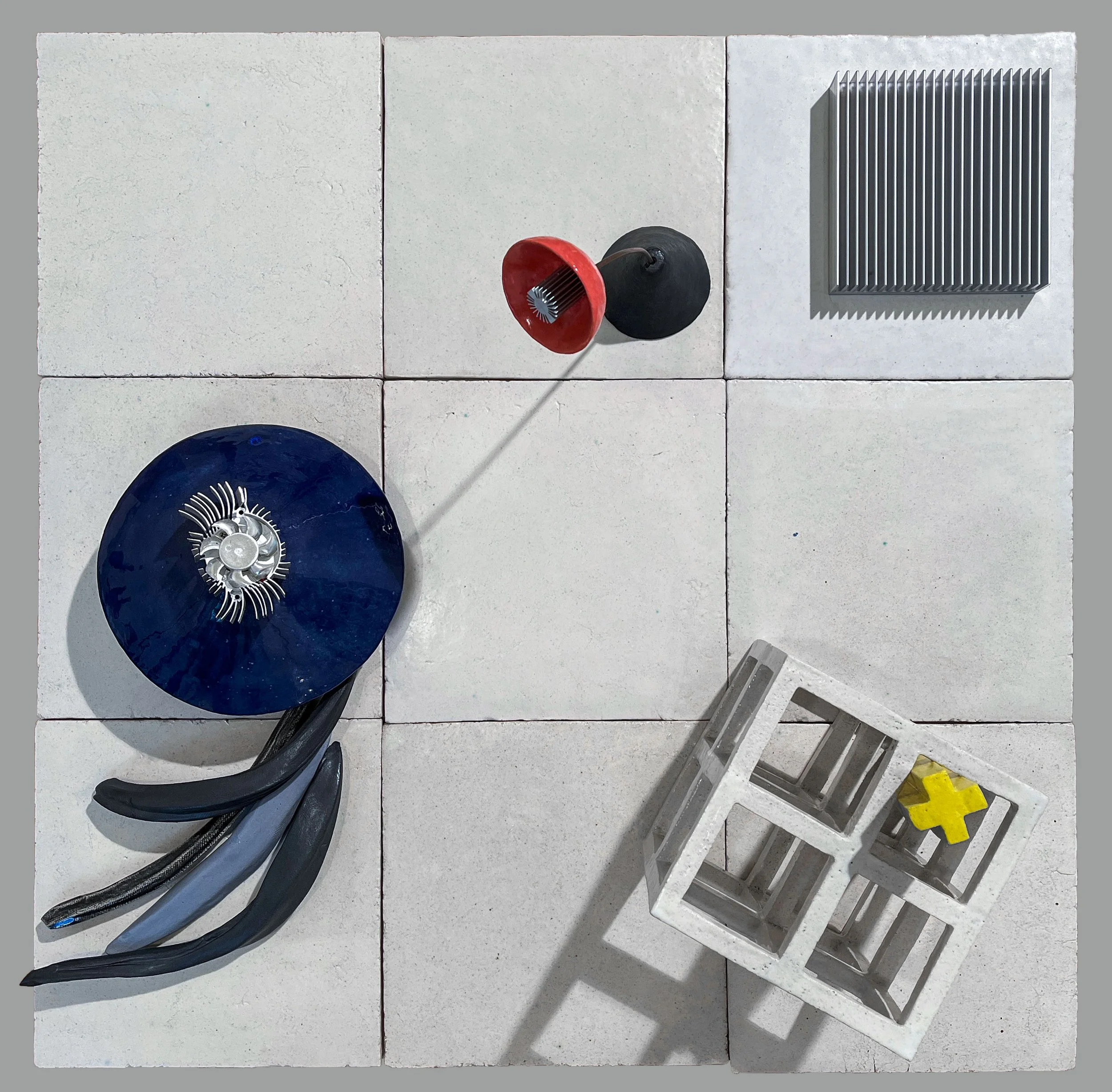 Transcendent Landscapes #1, 2023, fried clay, glaze, computer parts, 30x30 inches