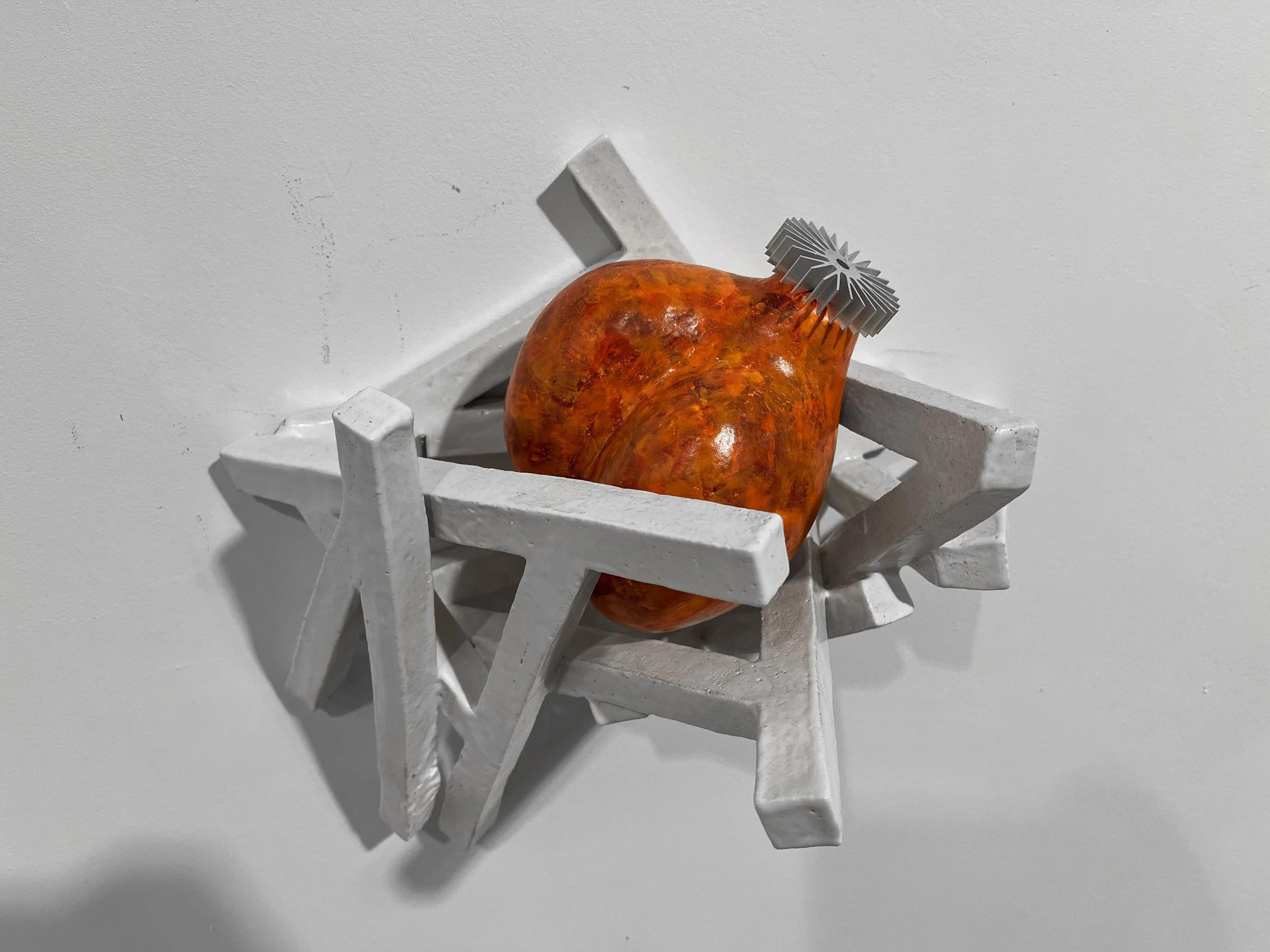 Nesting Bot X3C5, 2025, fired clay, glaze, mixed media, 12x13x8 inches