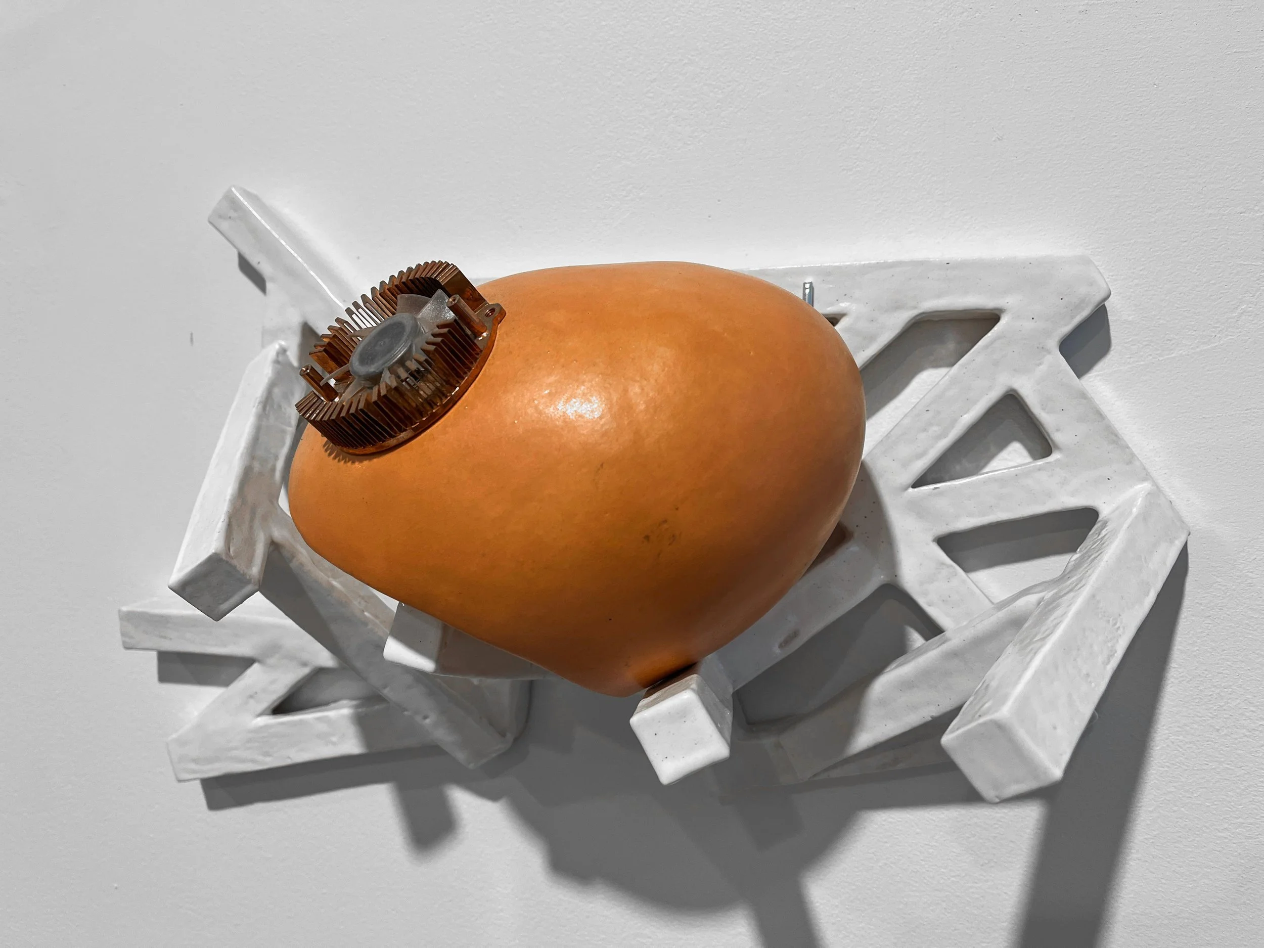 Nesting Bot X3C4, 2025, fired clay, glaze, mixed media, 9.5x15.5x5 inches