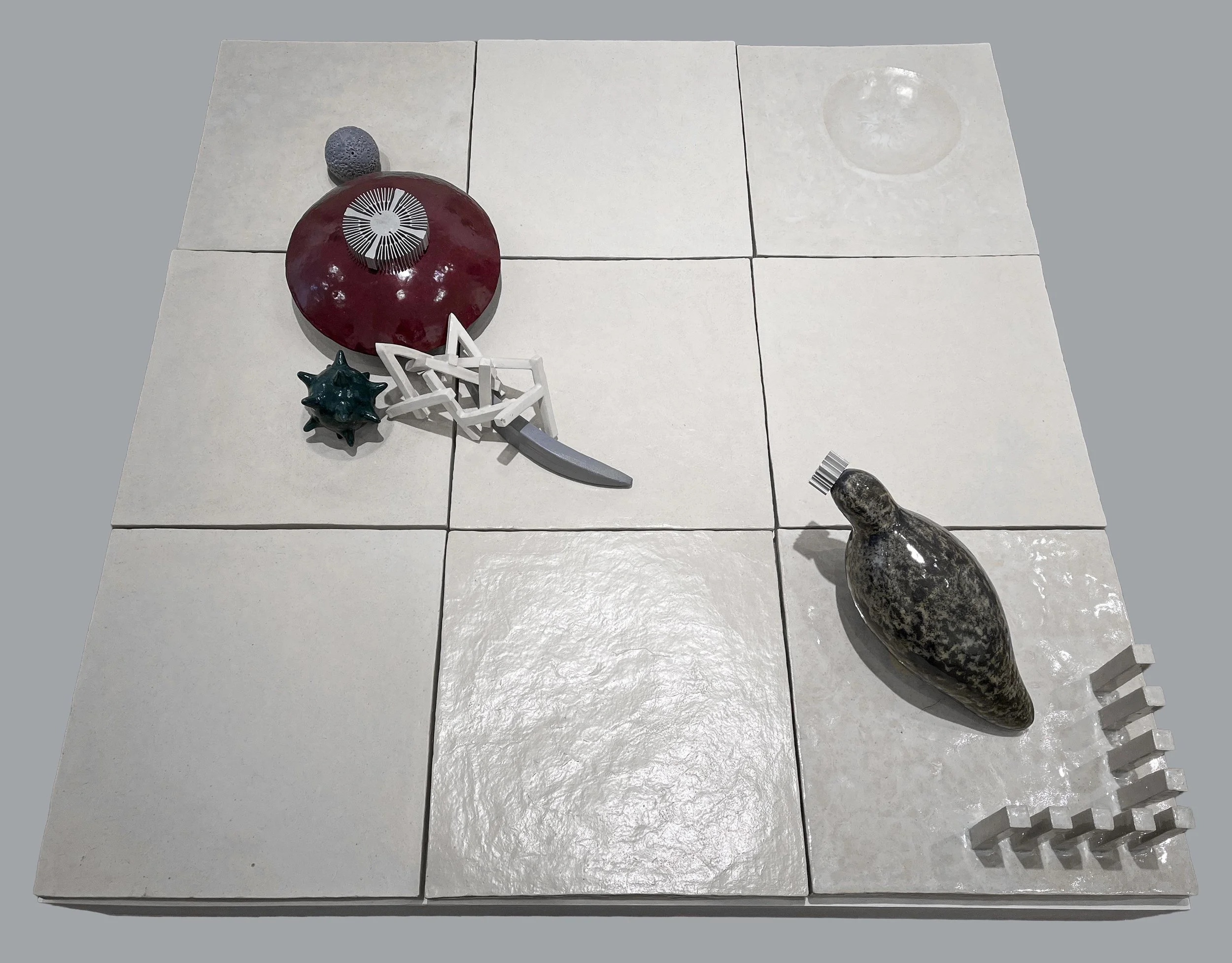 Transcendent Landscapes #2, 2023, fried clay, glaze, computer parts, 41 x 41 inches