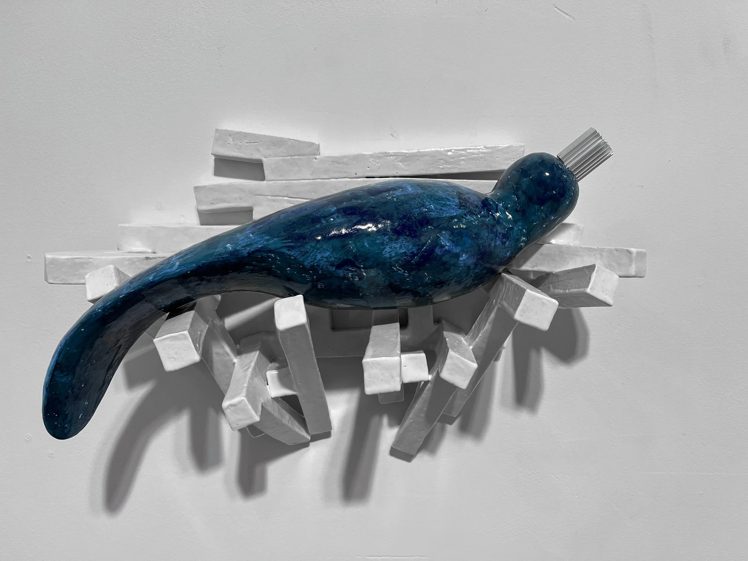 Nesting Bot X3C2, 2025, fired clay, glaze, mixed media, 9.5x16x9 inches