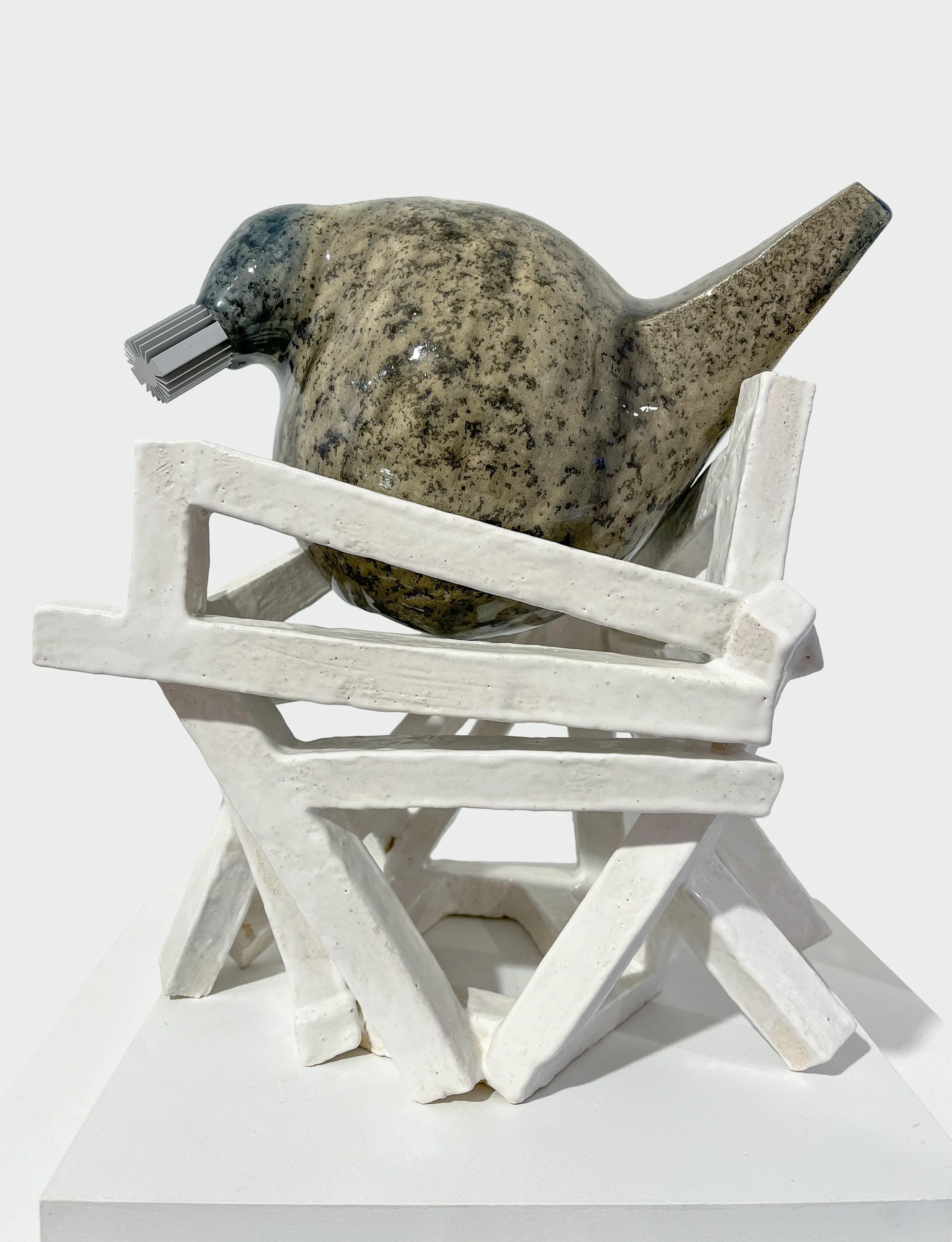 Nesting Bot X3C1, 2025, fired clay, glaze, mixed media, 12x9x8.5 inches